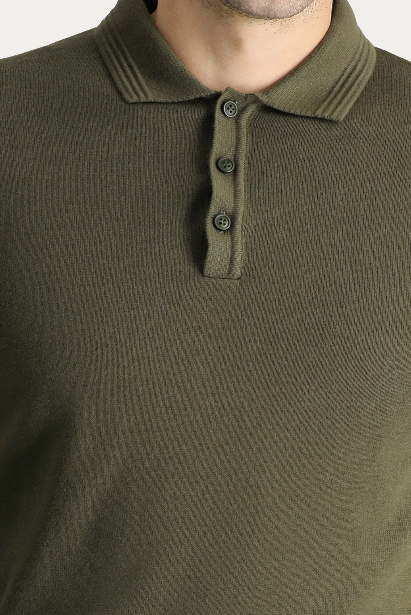 Orta Haki Polo Yaka Regular Fit Pamuklu Triko Kazak - Image 5