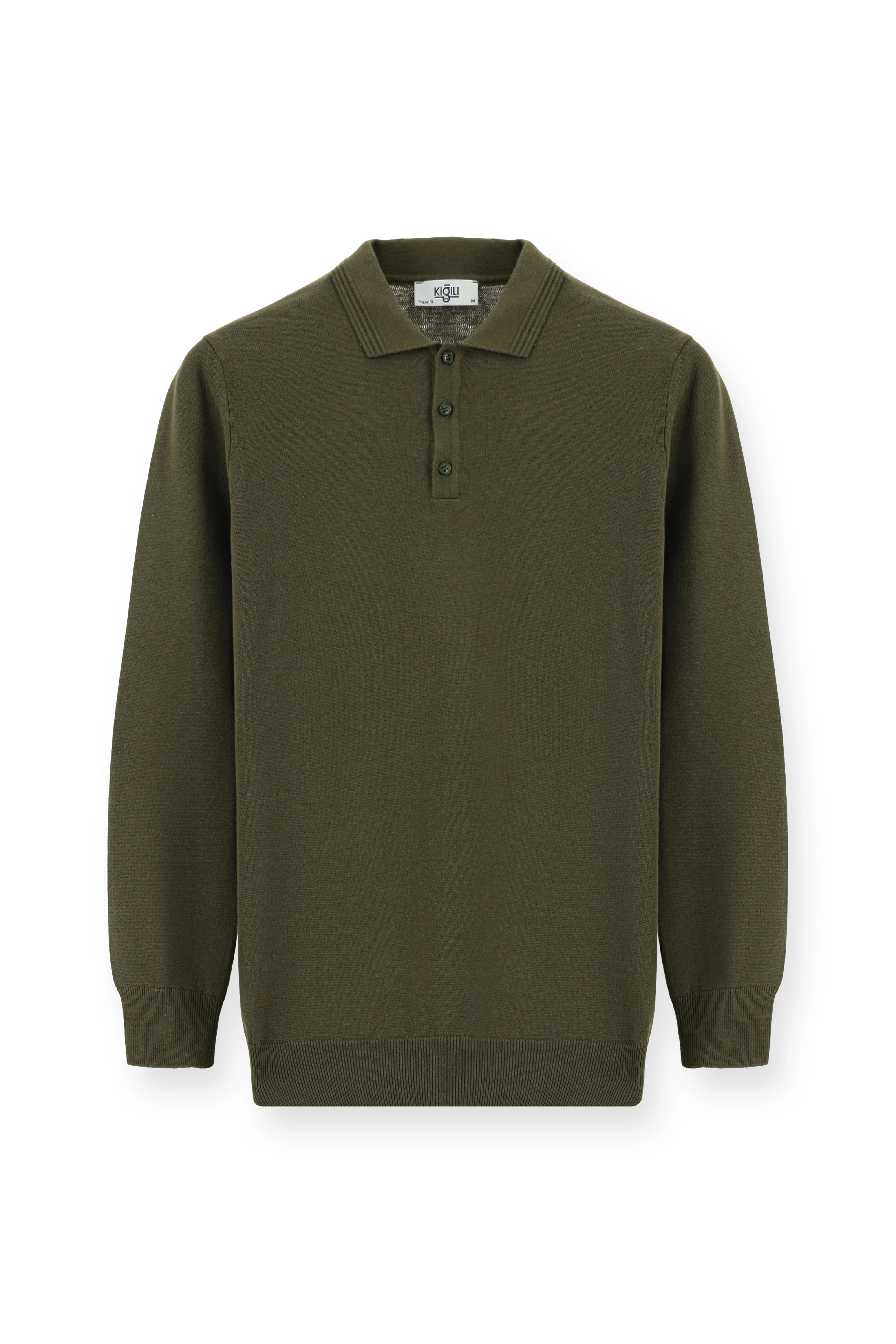 Orta Haki Polo Yaka Regular Fit Pamuklu Triko Kazak - Image 7