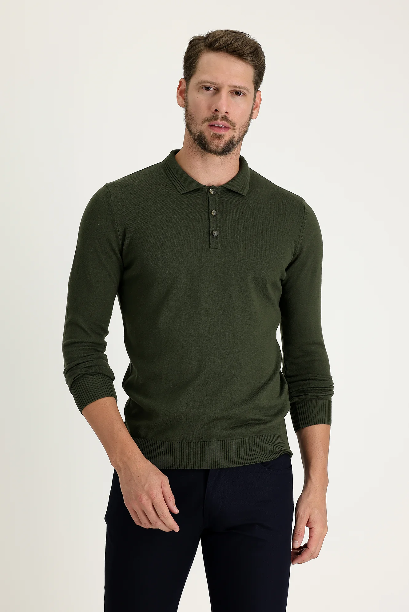 Orta Haki Polo Yaka Regular Fit Triko Kazak