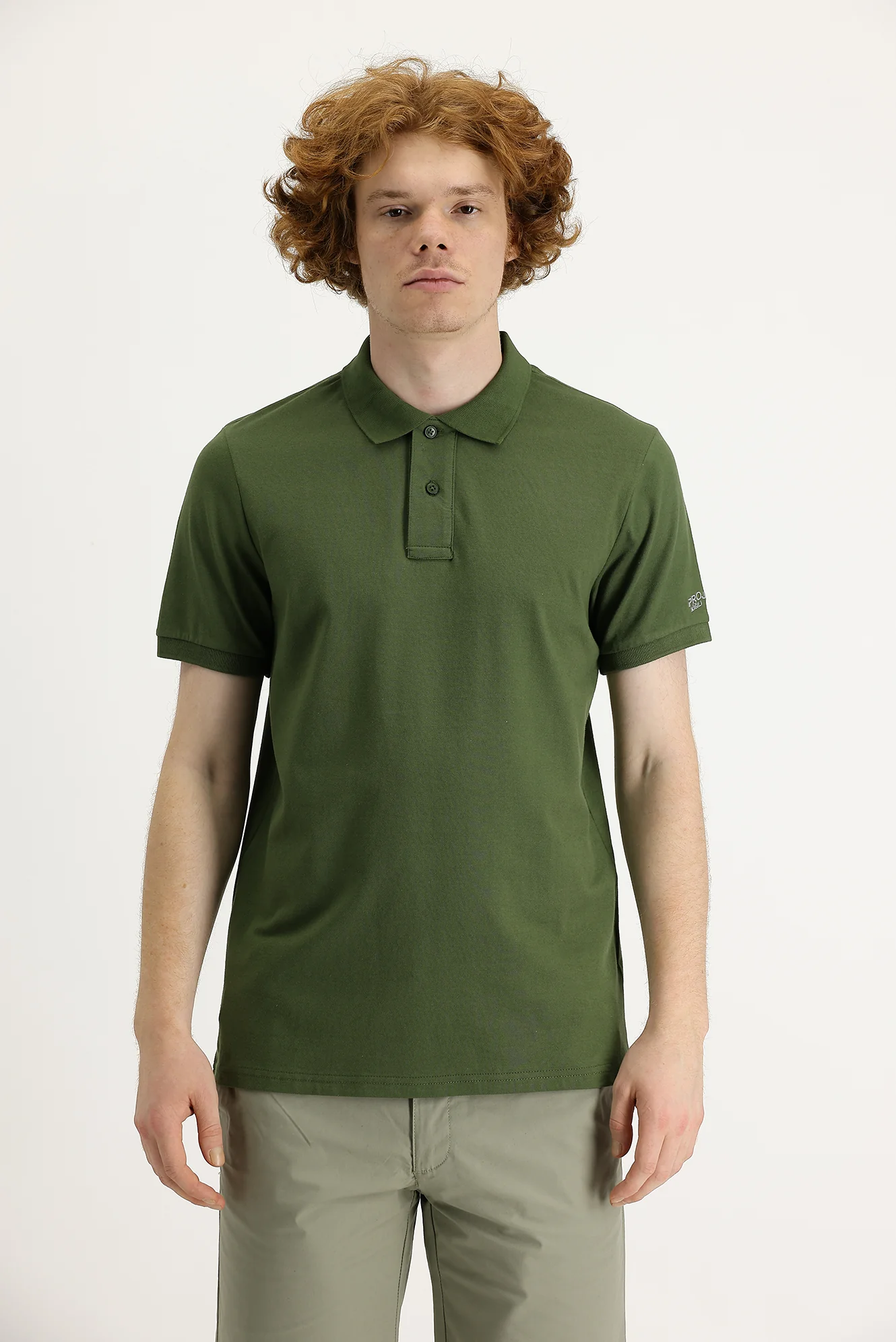 Orta Haki Polo Yaka Slim Fit Dar Kesim Baskılı Tişört - Image 2