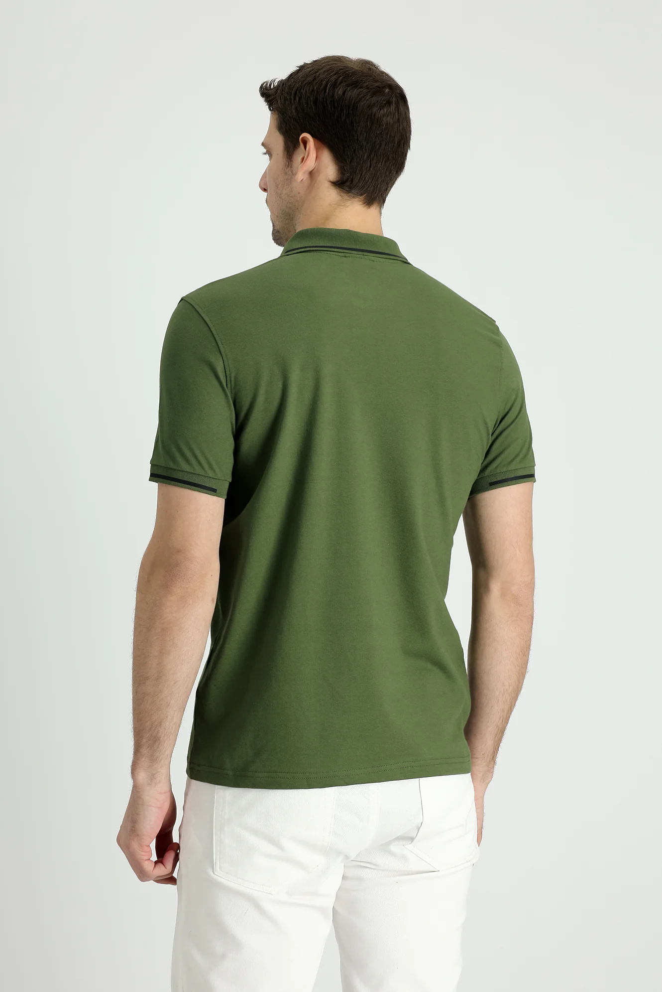 Orta Haki Polo Yaka Slim Fit Dar Kesim Fermuarlı Baskılı Tişört - Image 3