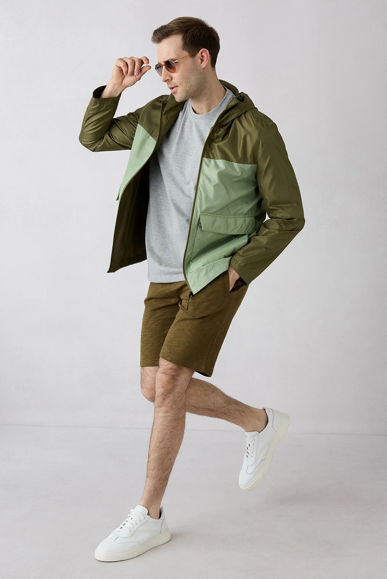 Orta Haki Beli İpli Örme Diz Boy Pamuk Spor Sweat Şort