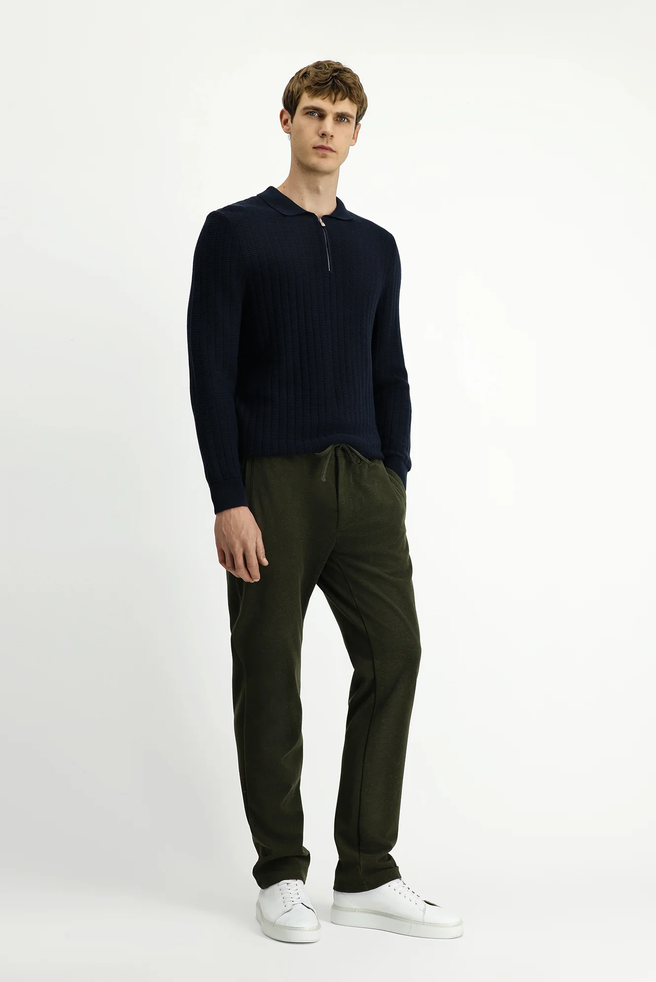 Orta Haki Regular Fit Standart Kesim Beli Lastikli İpli Örme Jogger Pantolon - Image 2
