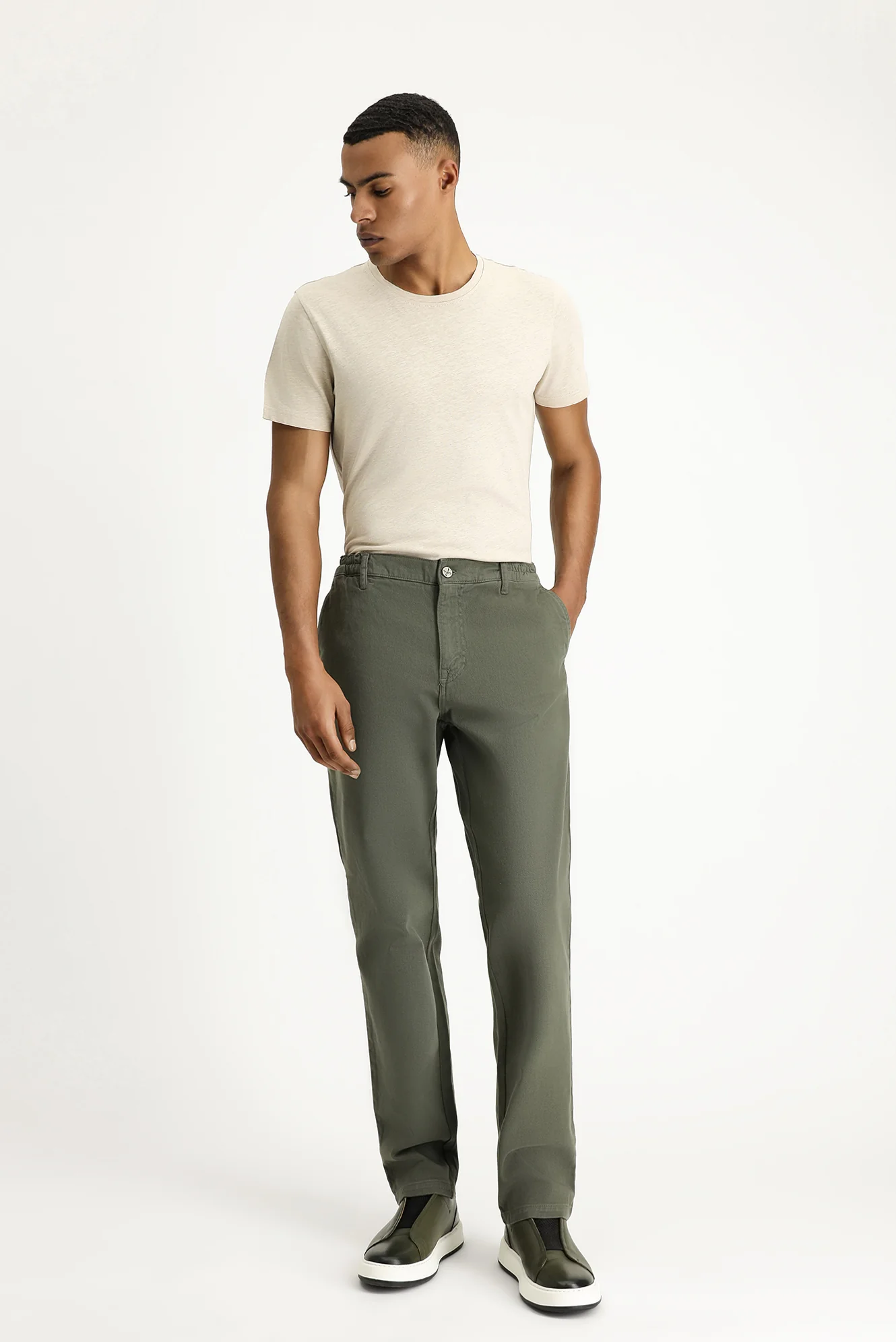 Orta Haki Regular Fit Standart Kesim Beli Lastikli Likralı Kanvas / Chino Pantolon