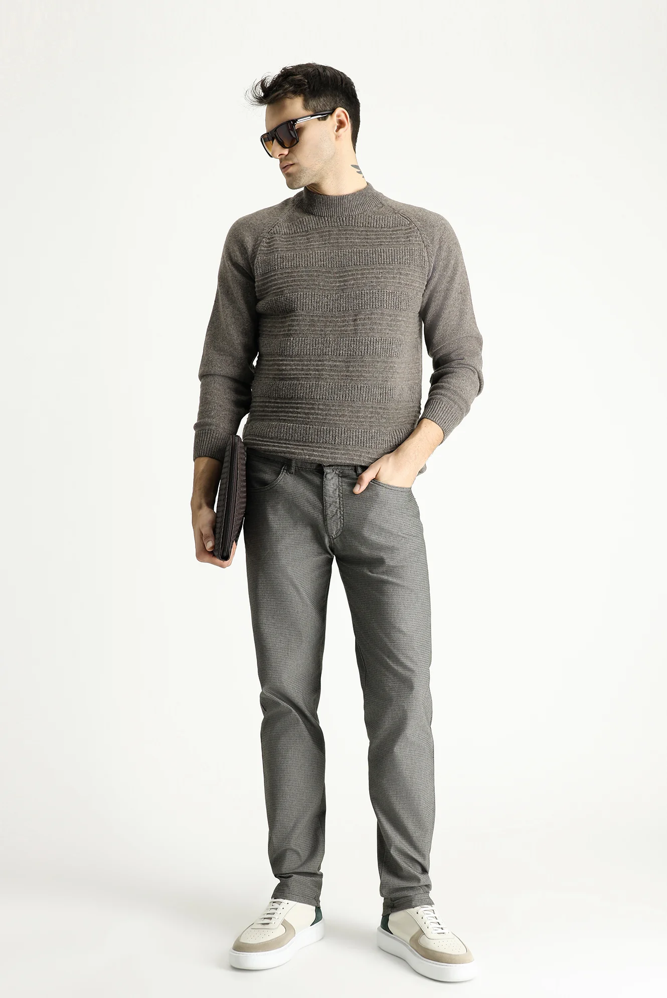 Orta Haki Regular Fit Standart Kesim Desenli Likralı Kanvas / Chino Pantolon