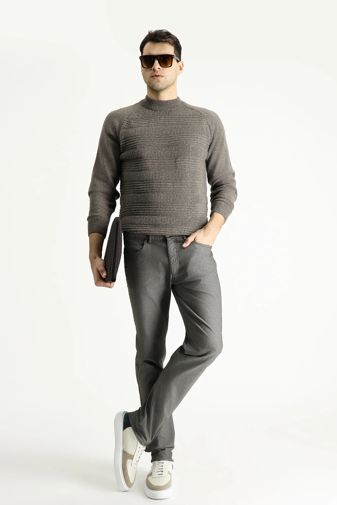 Orta Haki Regular Fit Standart Kesim Desenli Likralı Kanvas / Chino Pantolon - Image 2