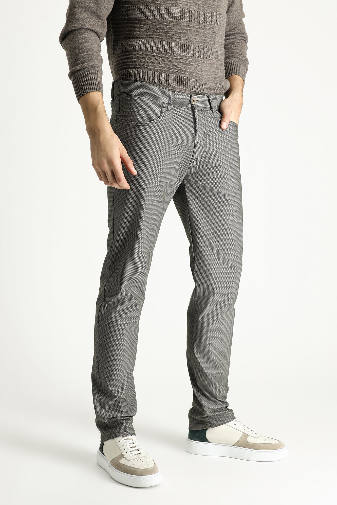 Orta Haki Regular Fit Standart Kesim Desenli Likralı Kanvas / Chino Pantolon - Image 3