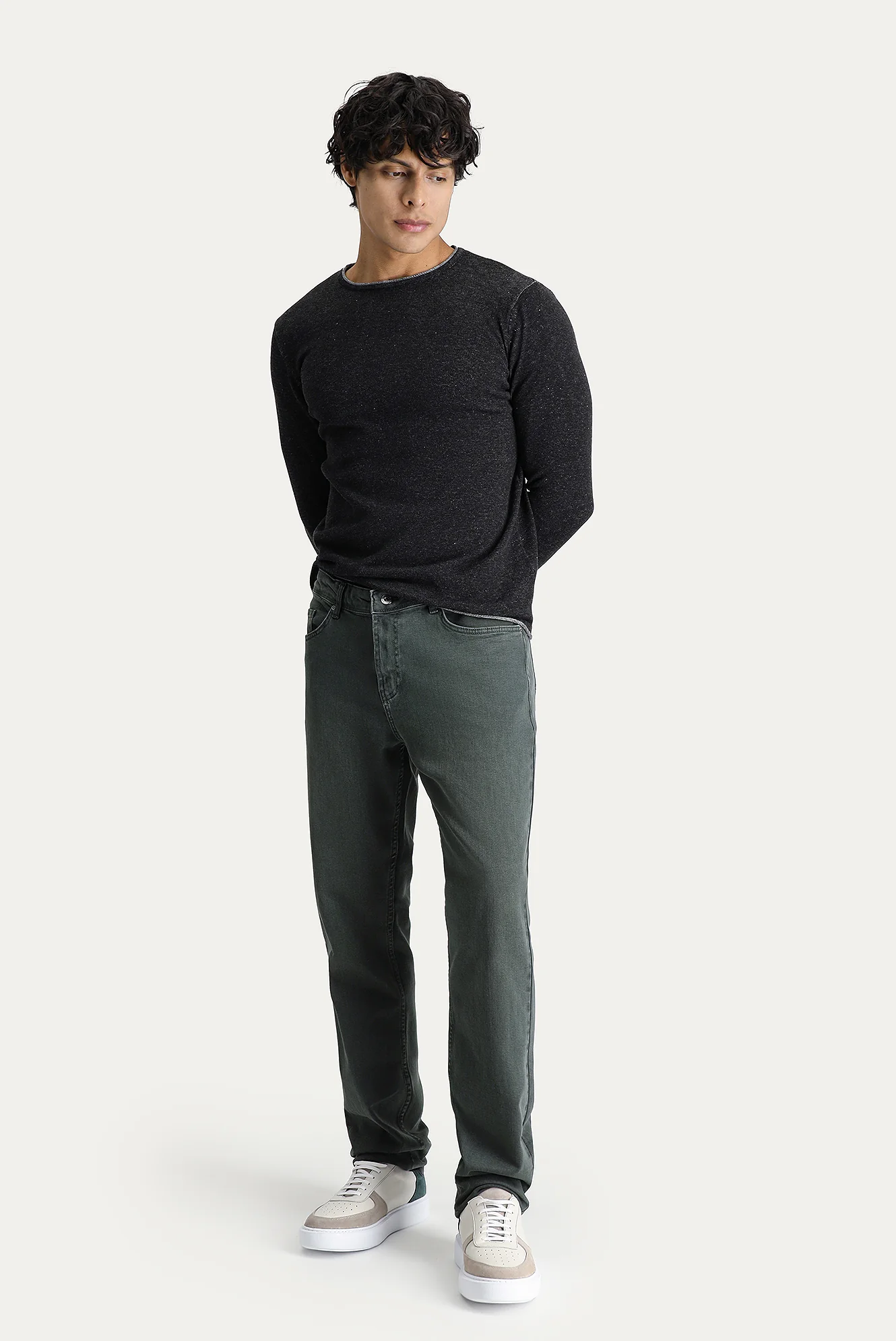 Orta Haki Regular Fit Standart Kesim Likralı Denim Pantolon - Image 2