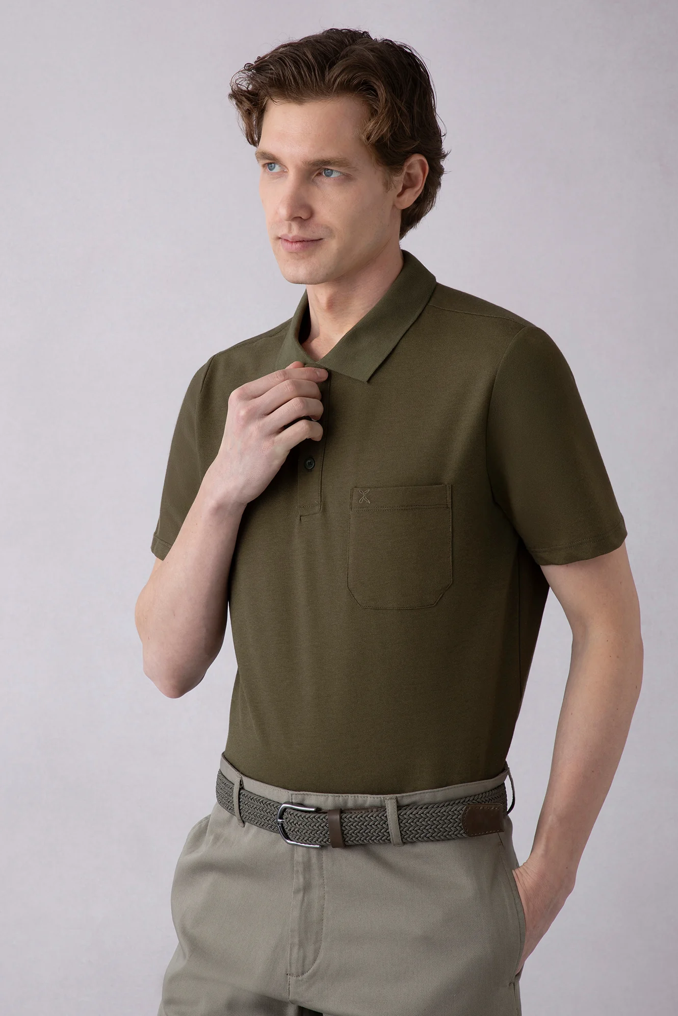 Orta Haki Regular Fit Pamuklu Nakışlı Cepli Polo Yaka Tişört - Image 5