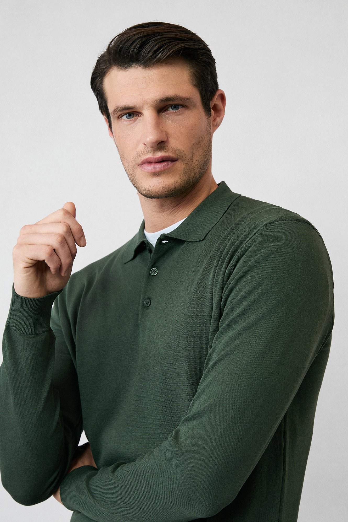 Orta Haki Regular Fit Düğmeli Polo Yaka Triko Kazak