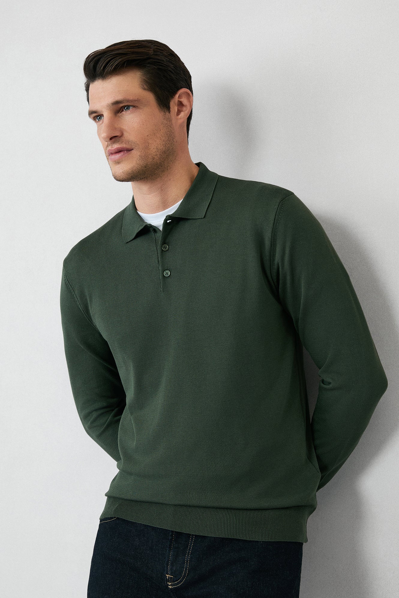 Orta Haki Regular Fit Düğmeli Polo Yaka Triko Kazak - Image 2