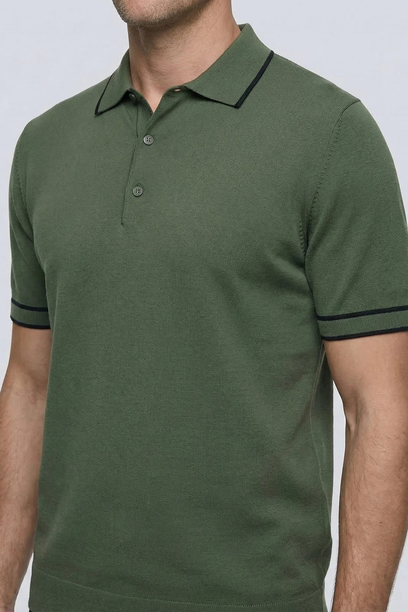 Orta Haki Regular Fit Şerit Detaylı Polo Yaka Örme Tişört - Image 3