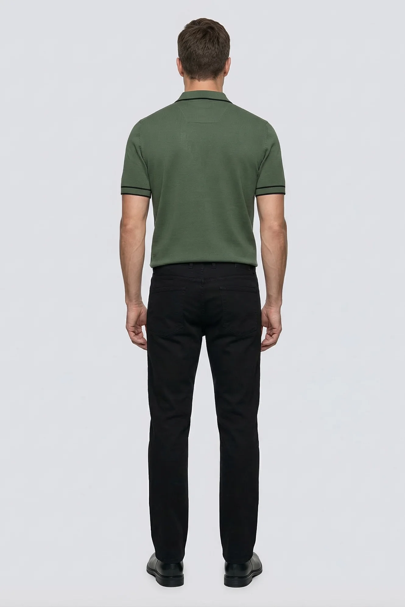 Orta Haki Regular Fit Şerit Detaylı Polo Yaka Örme Tişört - Image 4