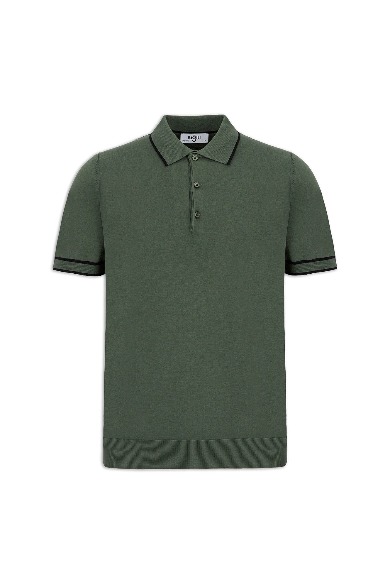 Orta Haki Regular Fit Şerit Detaylı Polo Yaka Örme Tişört - Image 5