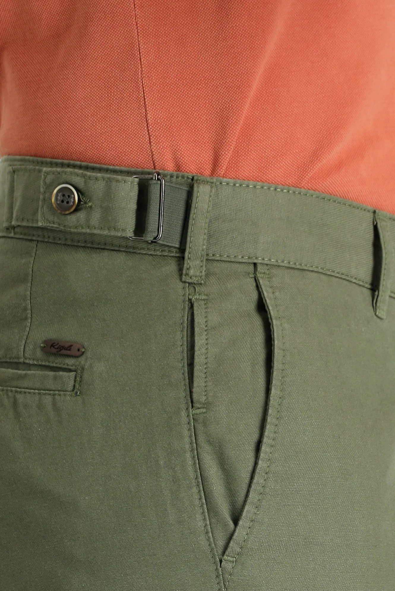 Orta Haki Regular Fit Standart Kesim Tokalı Pamuklu Kanvas / Chino Pantolon - Image 5