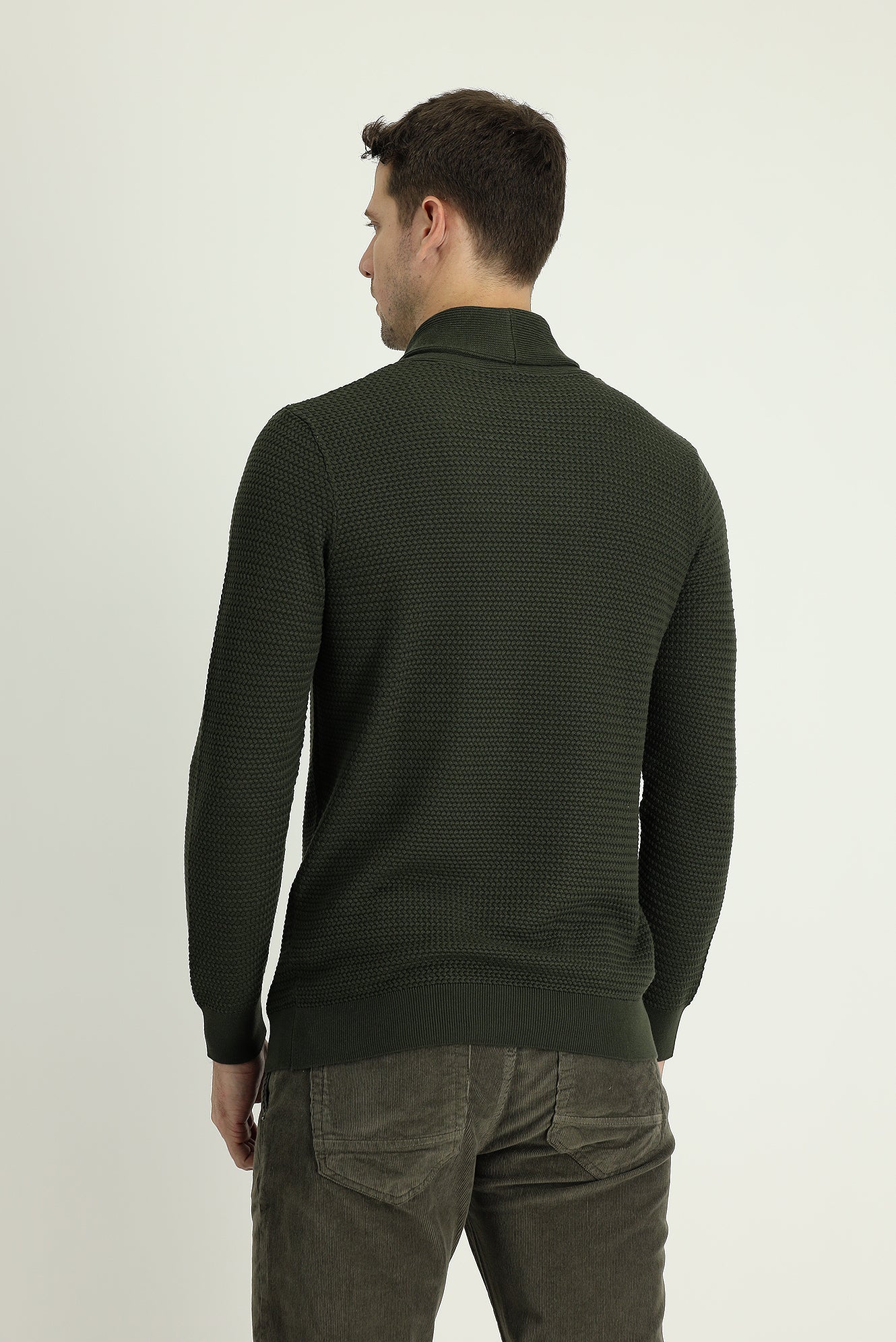 Orta Haki Şal Yaka Slim Fit Dar Kesim Desenli Pamuklu Triko Kazak - Image 3