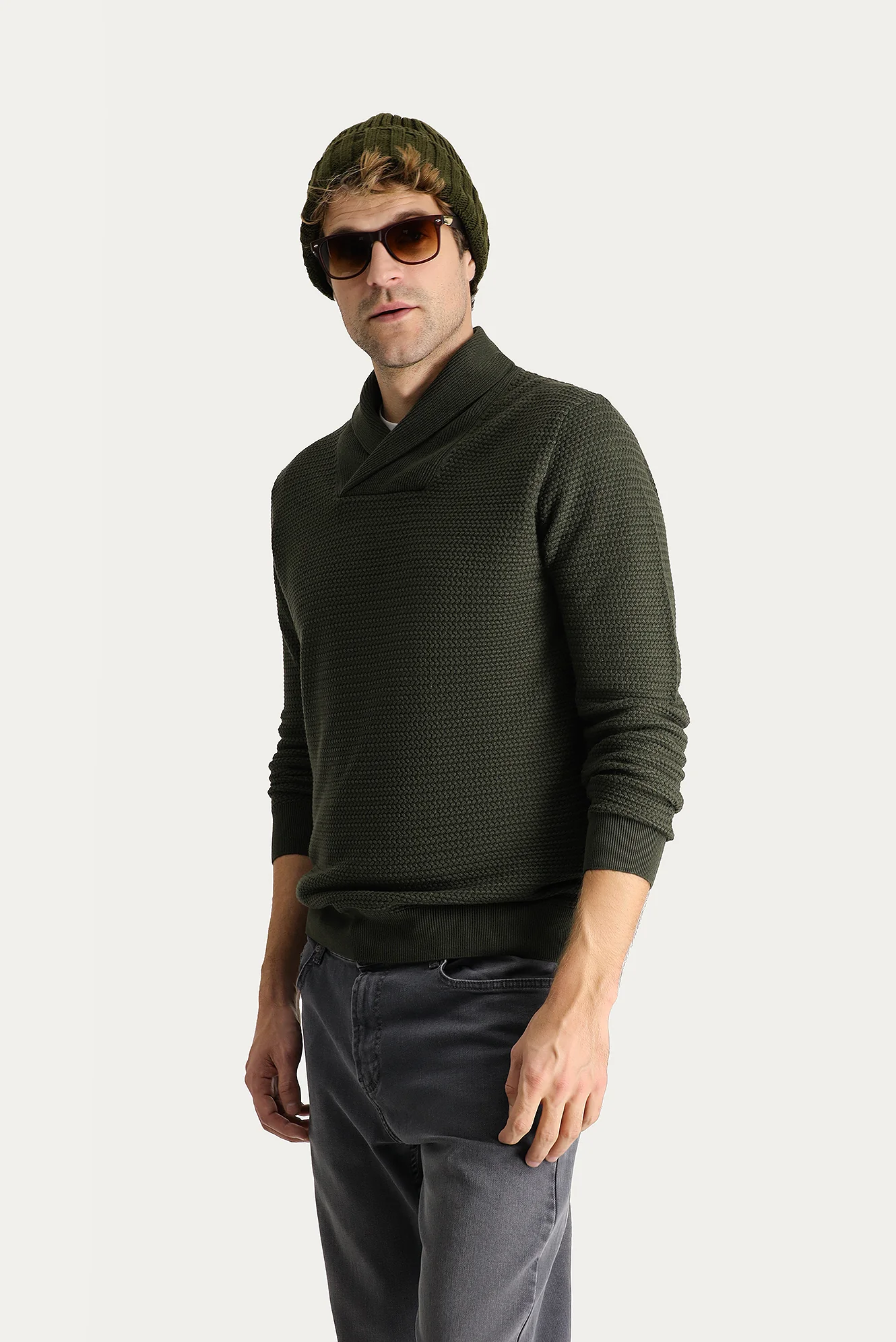 Orta Haki Şal Yaka Slim Fit Dar Kesim Desenli Pamuklu Triko Kazak - Image 2