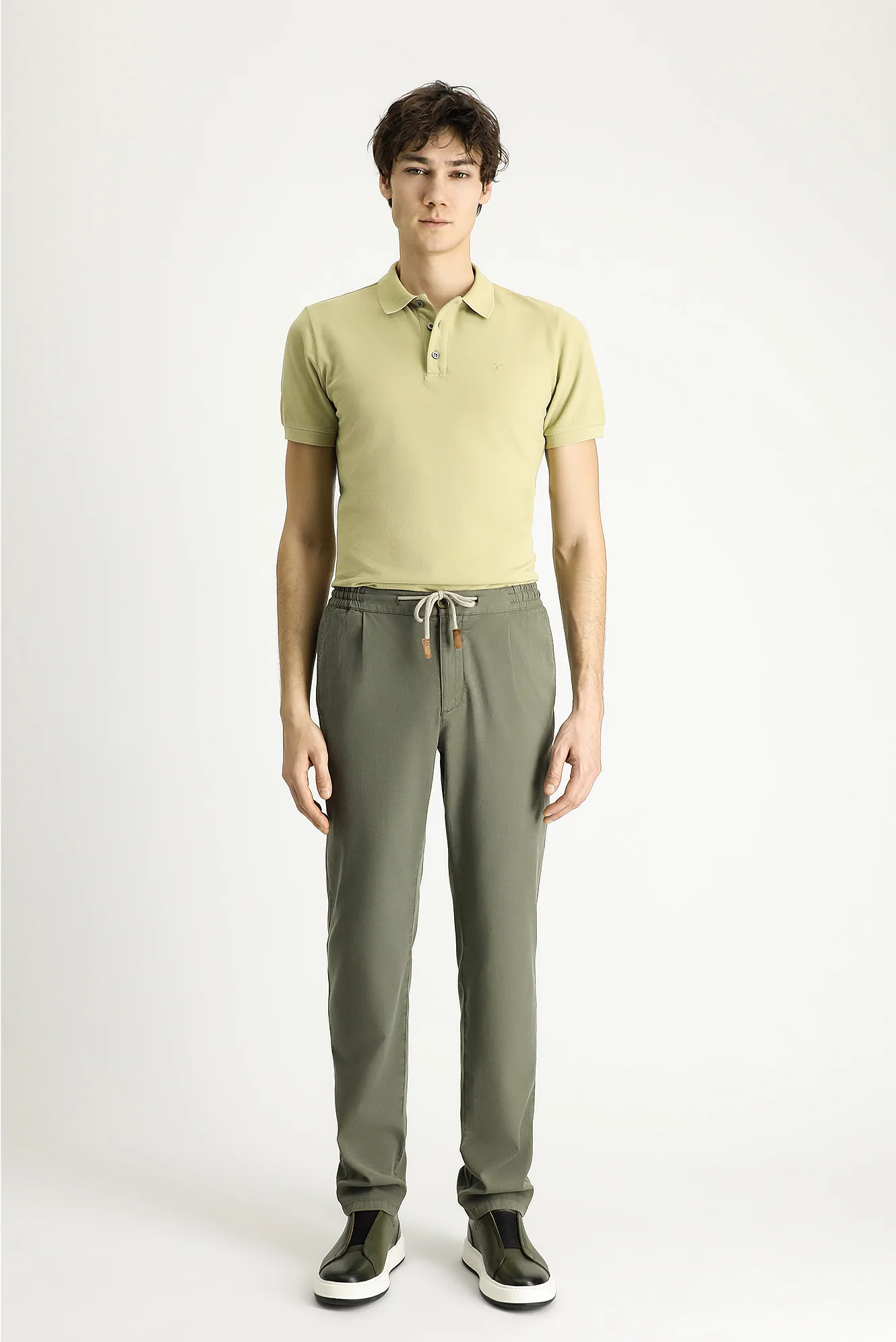 Orta Haki Slim Fit Dar Kesim Beli Lastikli İpli Likralı Jogger Pantolon - Image 4