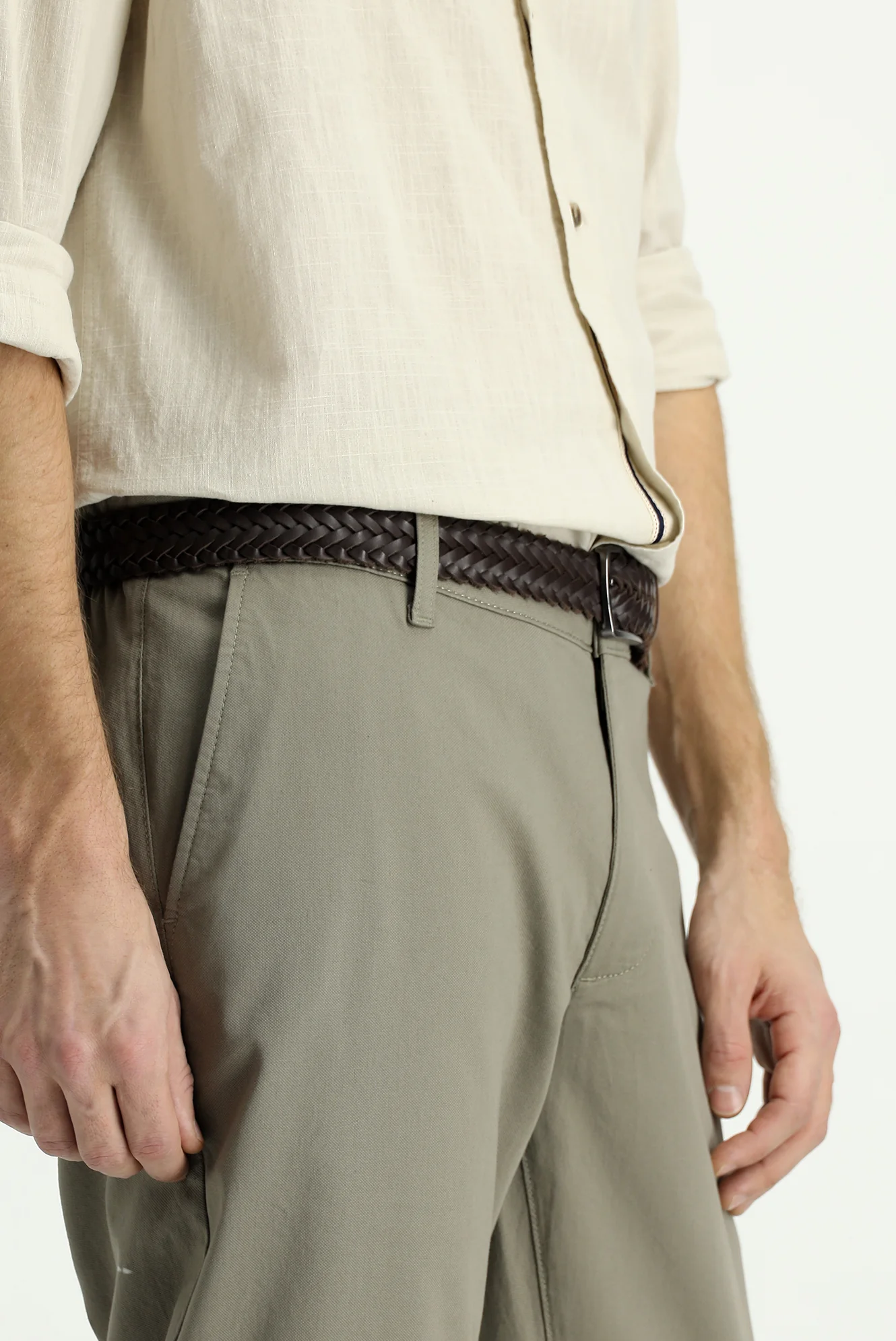 Orta Haki Slim Fit Dar Kesim Beli Lastikli Likralı Kanvas / Chino Pantolon - Image 4