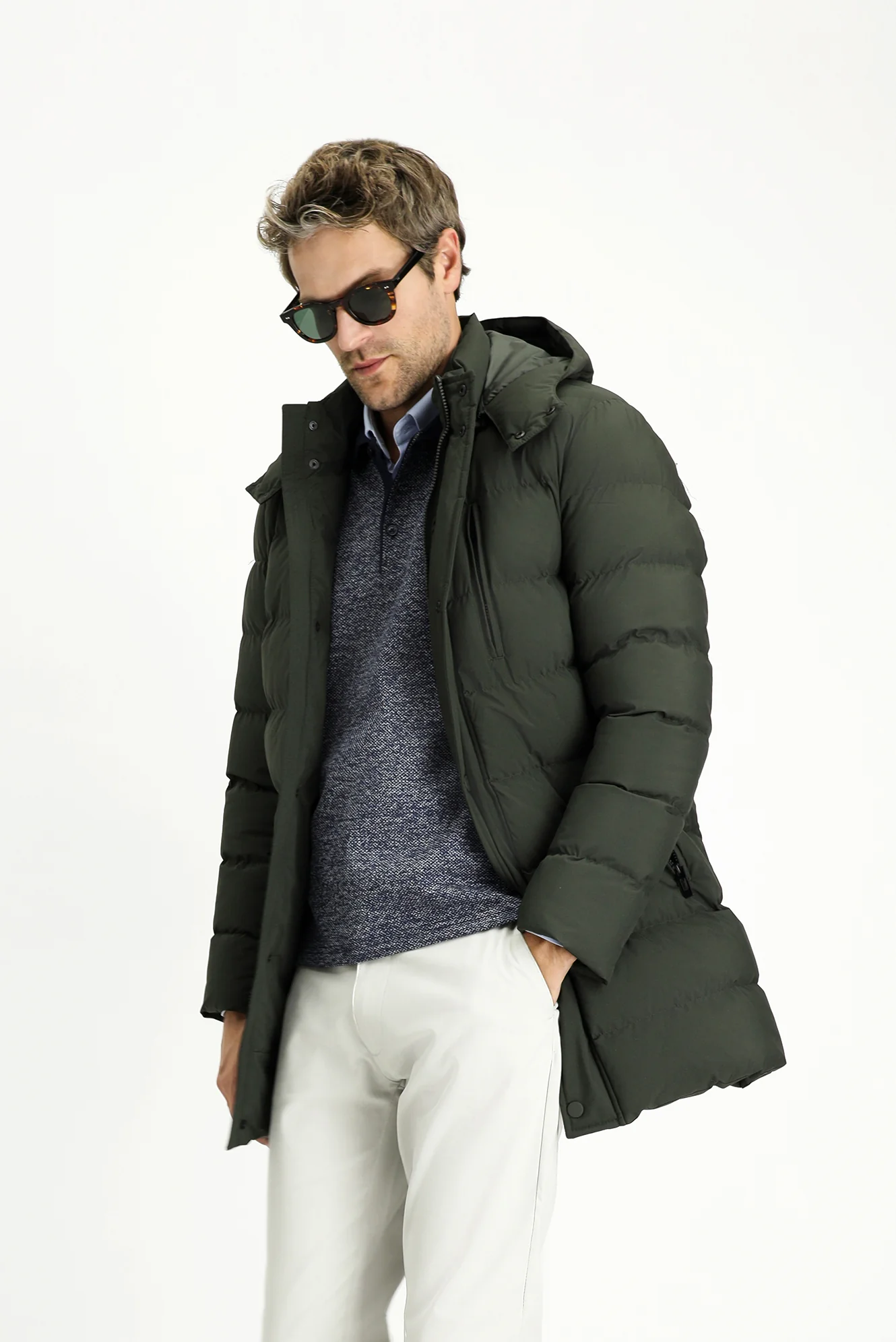 Orta Haki Slim Fit Dar Kesim Kapüşonlu Spor Şişme Kaban - Image 3