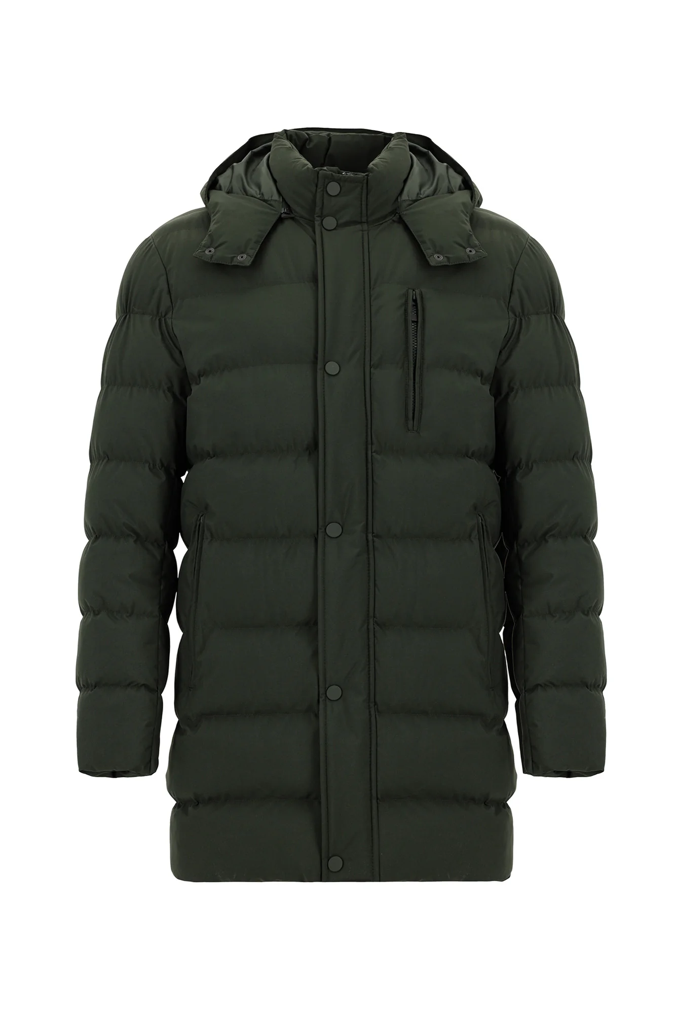 Orta Haki Slim Fit Dar Kesim Kapüşonlu Spor Şişme Kaban - Image 7