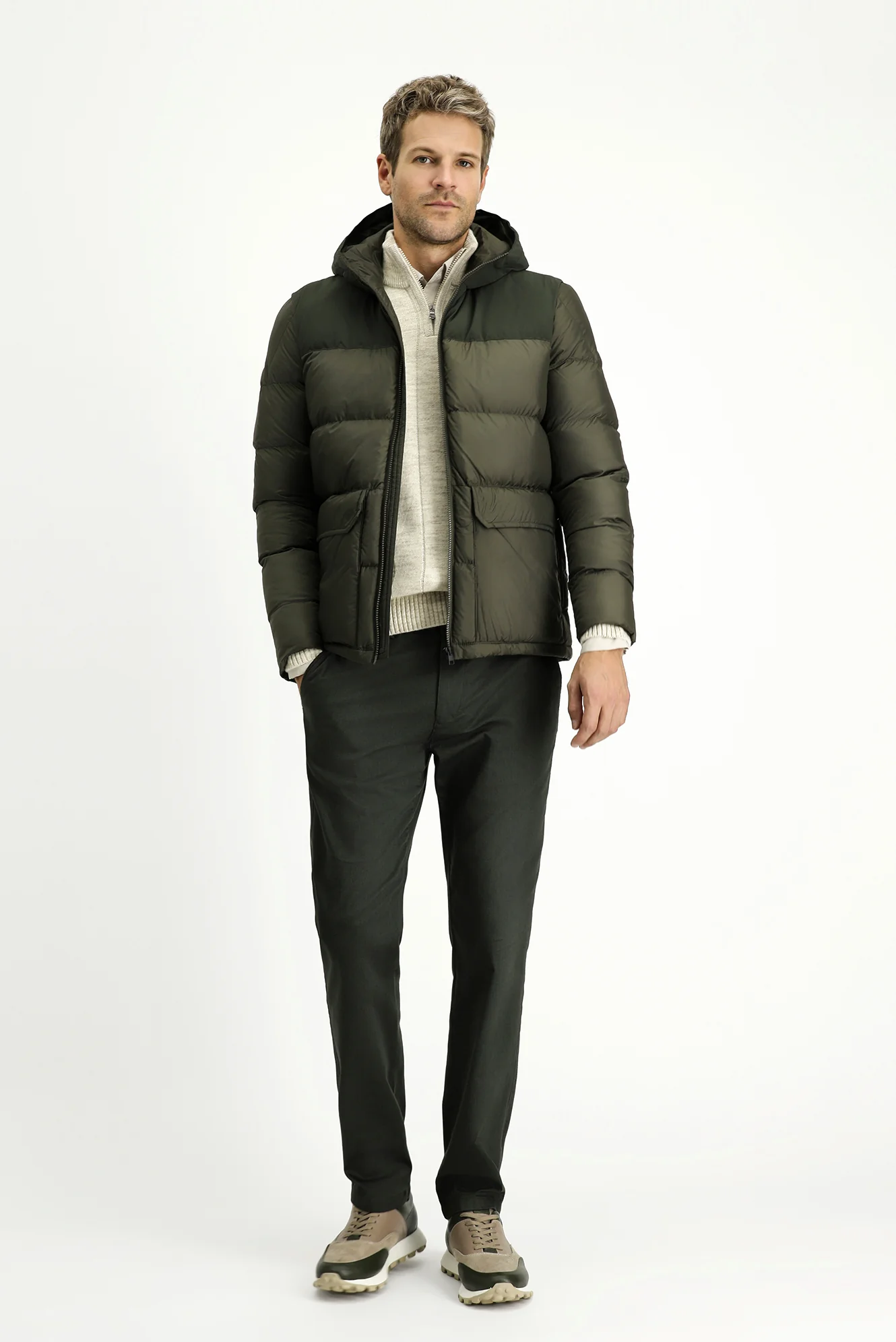 Orta Haki Slim Fit Dar Kesim Kapüşonlu Spor Şişme Mont - Image 2