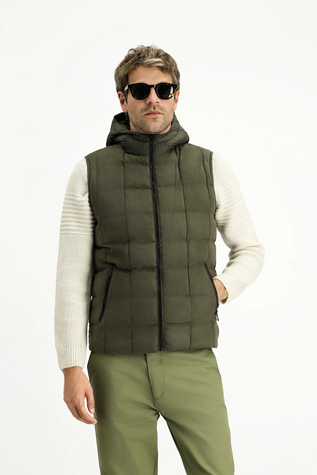 Orta Haki Slim Fit Dar Kesim Kapüşonlu Spor Yelek - Image 3