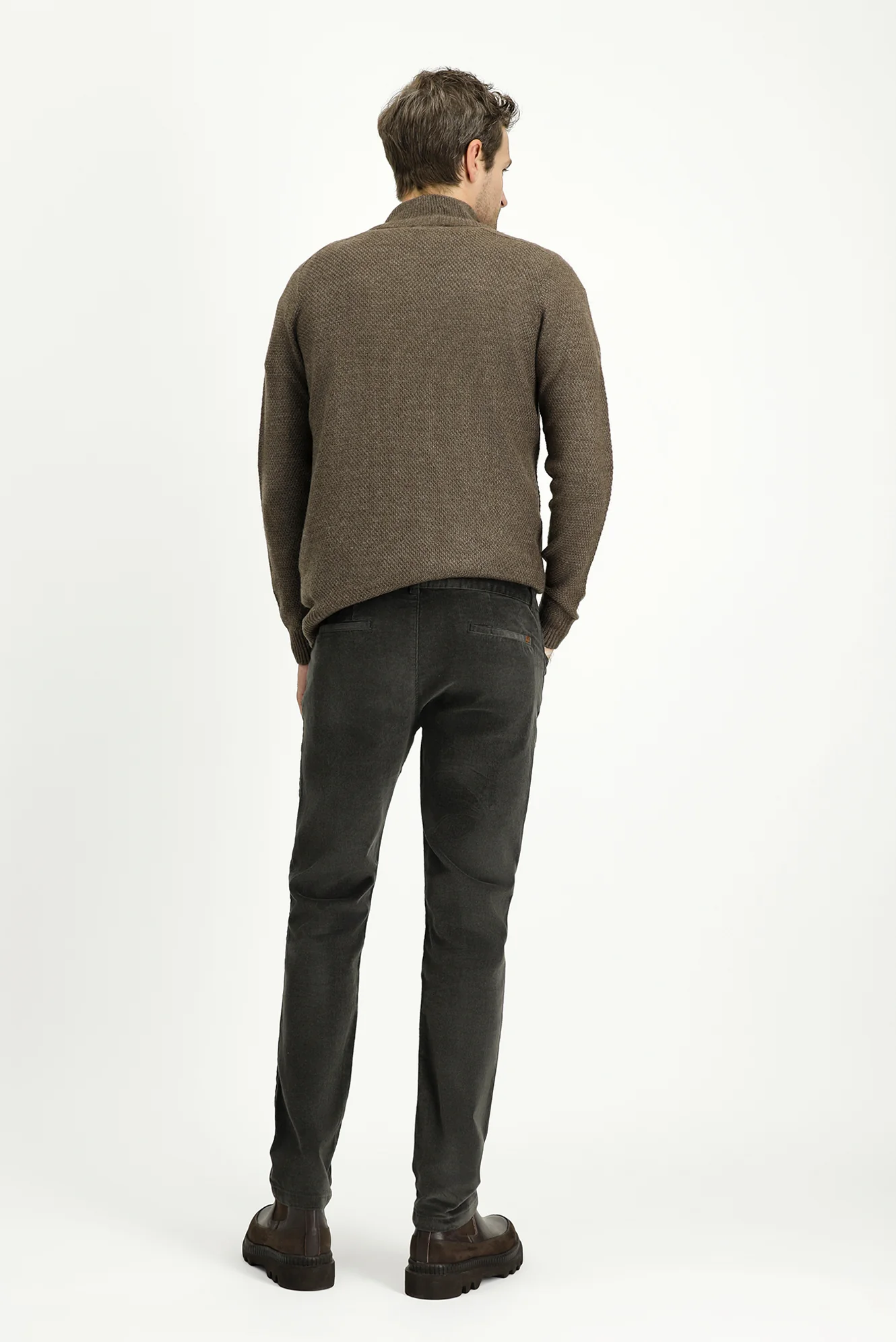 Orta Haki Slim Fit Dar Kesim Likralı Kadife Pantolon - Image 5
