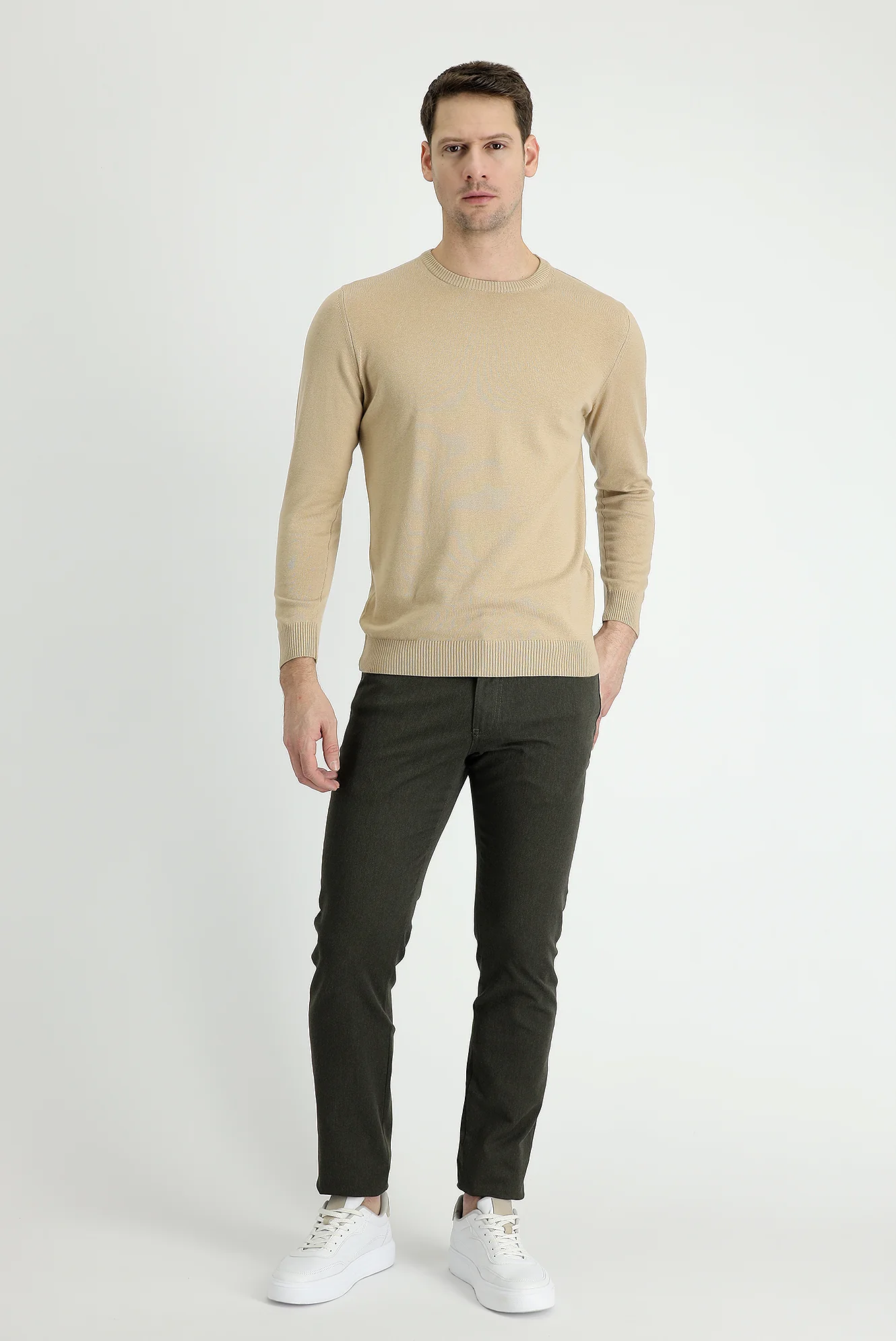 Orta Haki Slim Fit Dar Kesim Likralı Kanvas / Chino Pantolon
