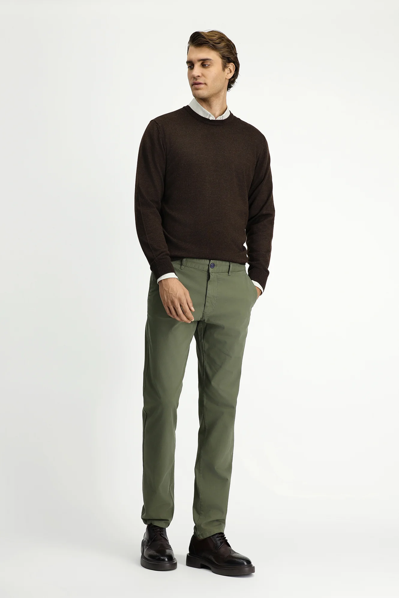 Orta Haki Slim Fit Dar Kesim Likralı Kanvas / Chino Pantolon