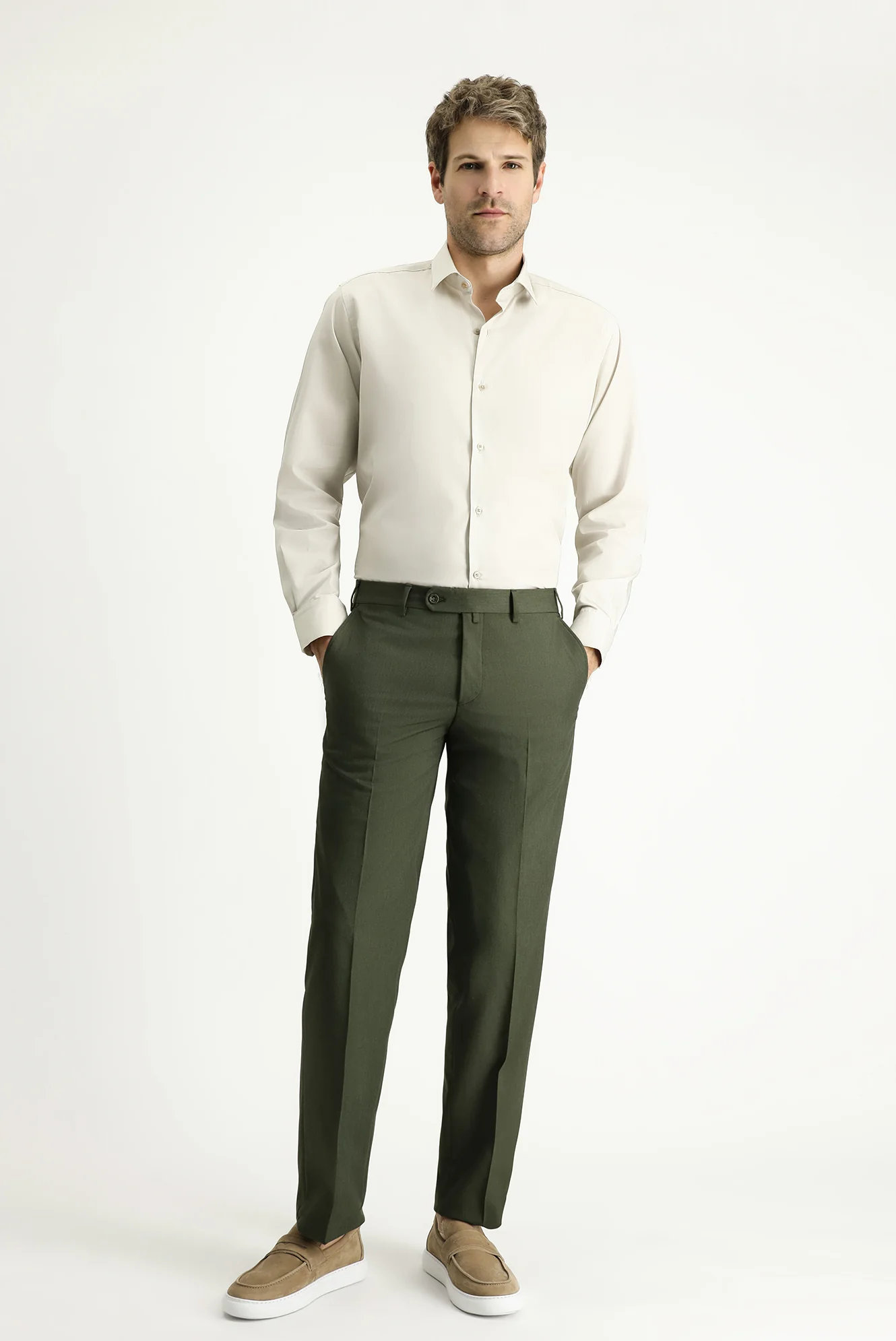 Orta Haki 7 Drop Slim Fit Dar Kesim Likralı Klasik Kumaş Pantolon