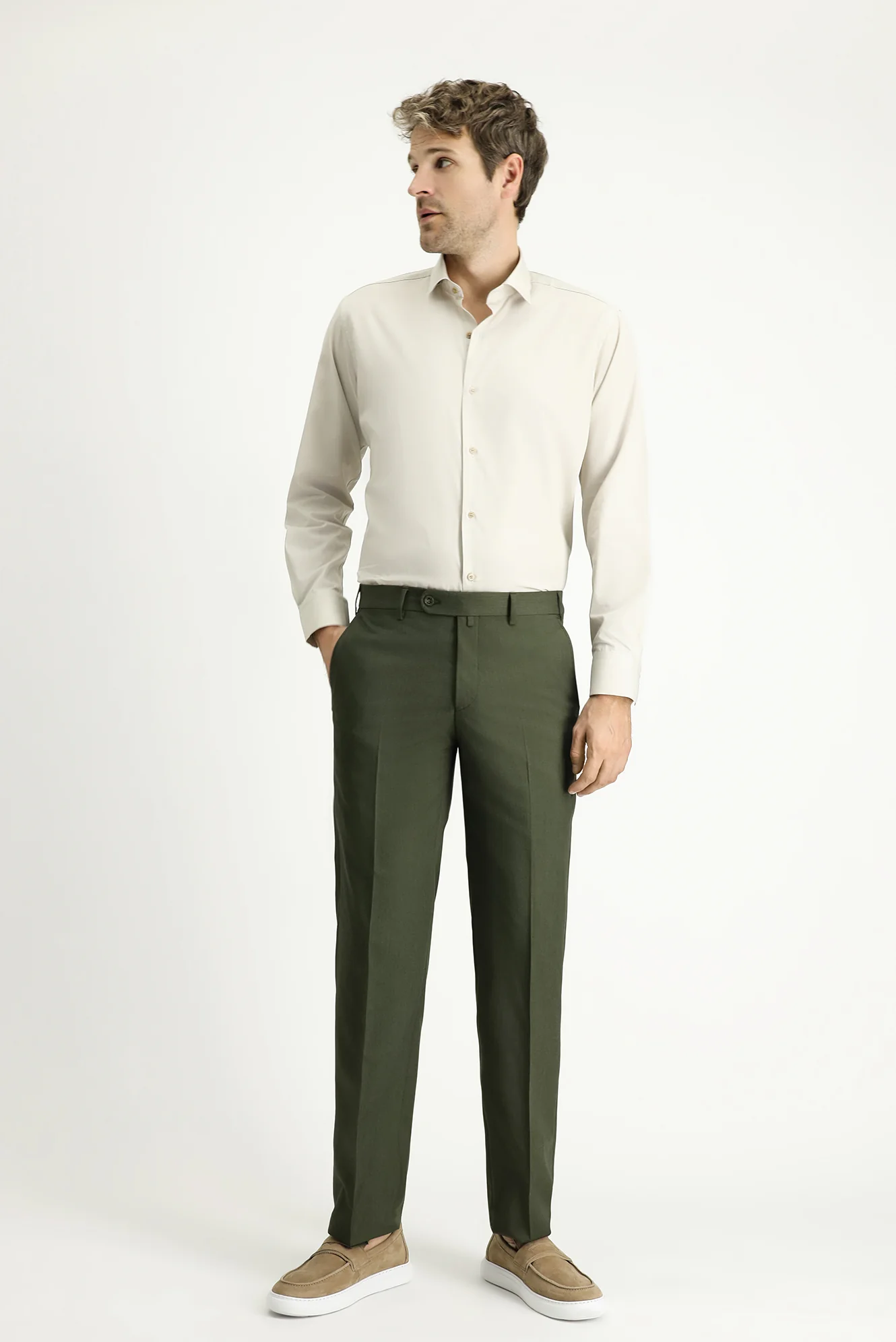 Orta Haki 7 Drop Slim Fit Dar Kesim Likralı Klasik Kumaş Pantolon - Image 2