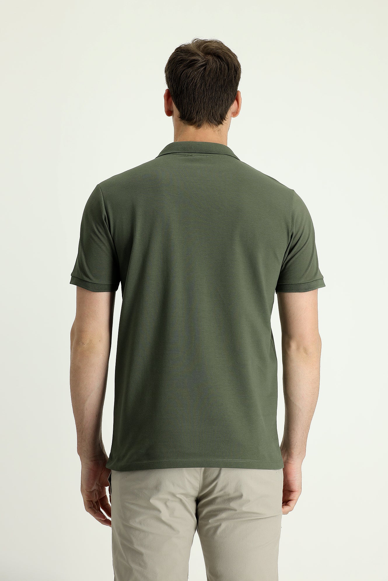 Orta Haki Polo Yaka Slim Fit Nakışlı %100 Pamuk Tişört - Image 3