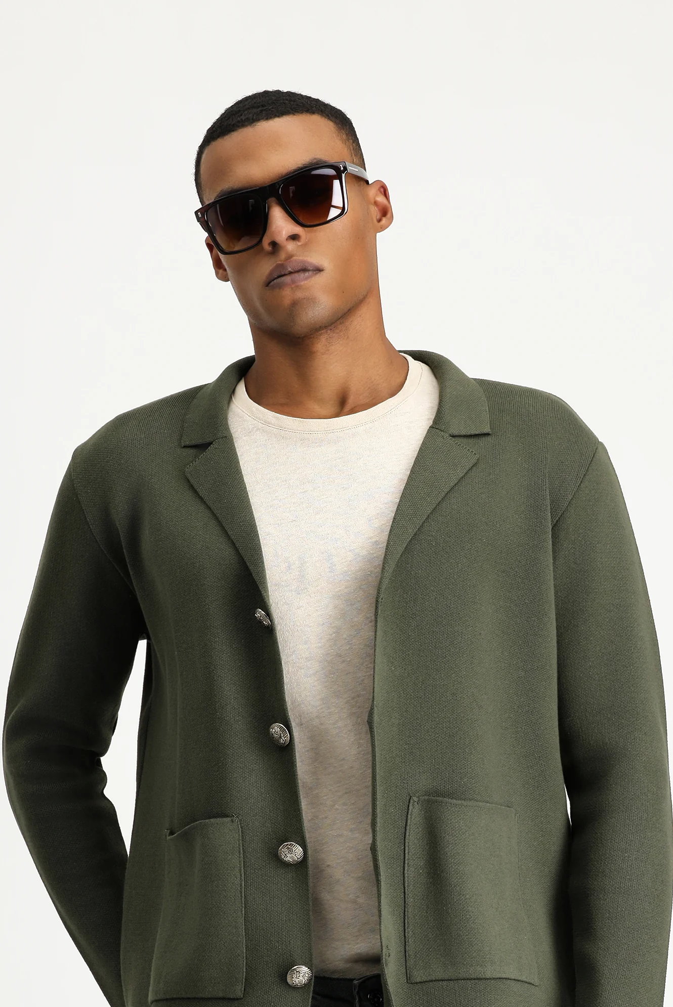Orta Haki Slim Fit Dar Kesim Pamuklu Triko Hırka
