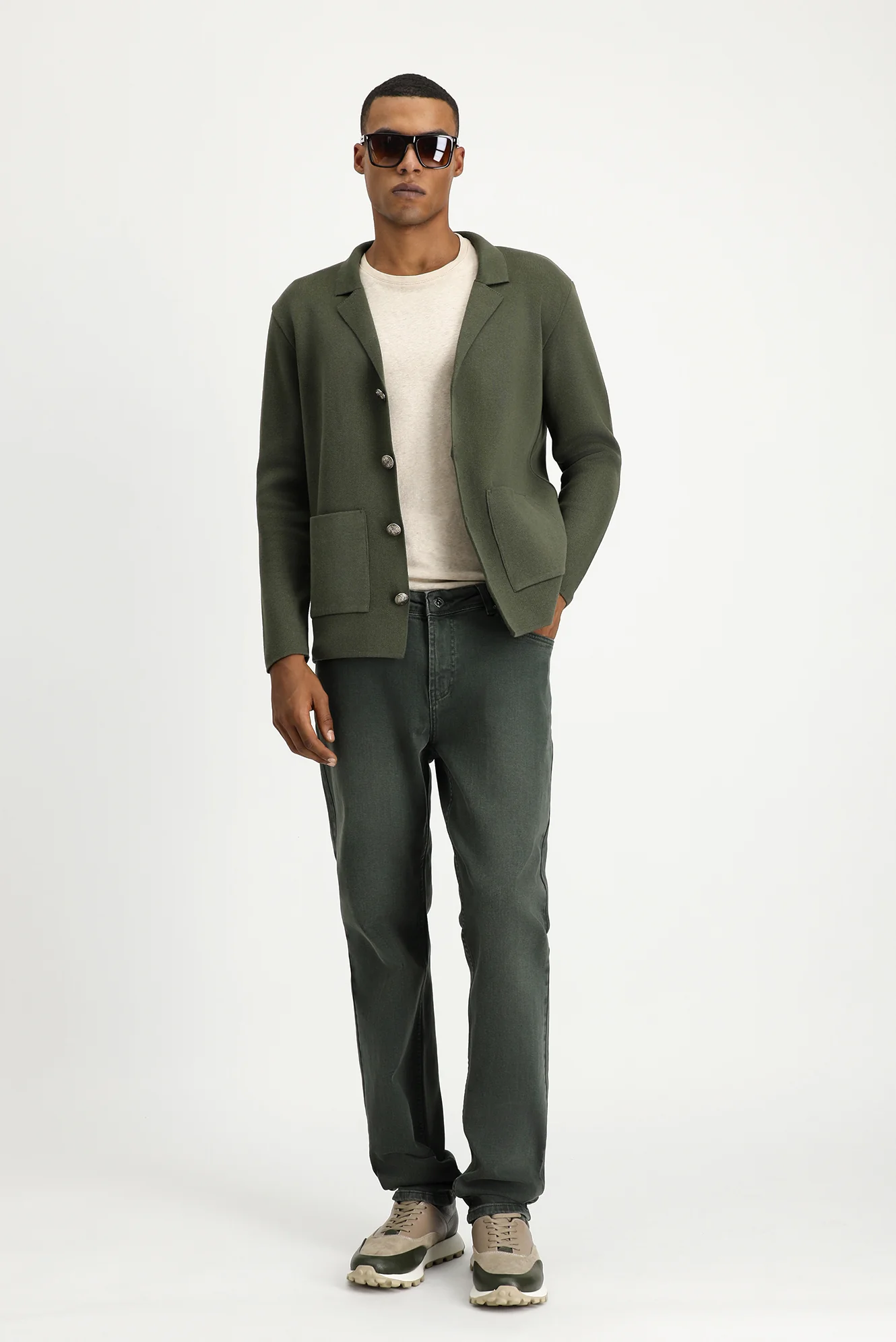 Orta Haki Slim Fit Dar Kesim Pamuklu Triko Hırka - Image 2
