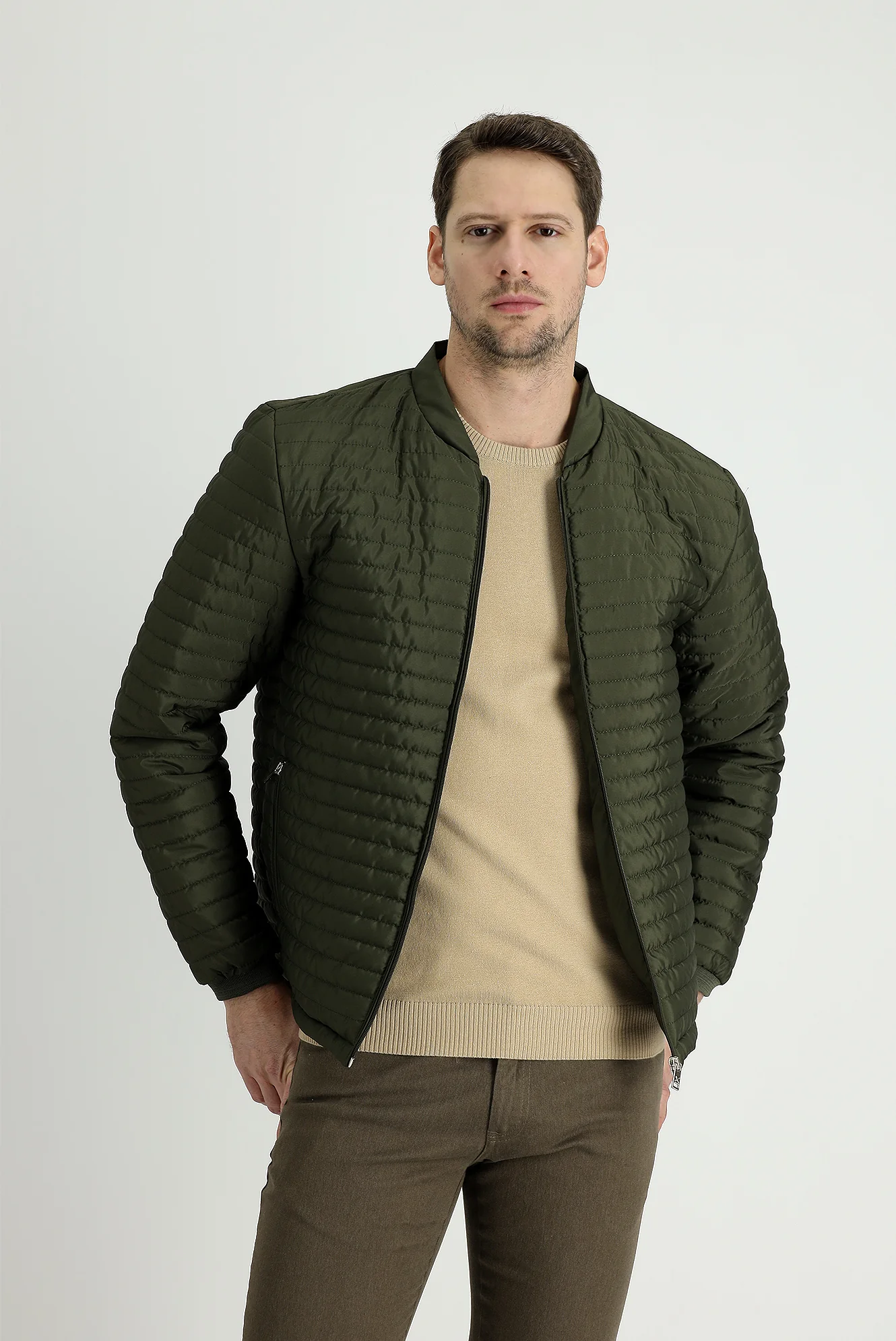 Orta Haki Slim Fit Dar Kesim Ribanalı Spor Mont