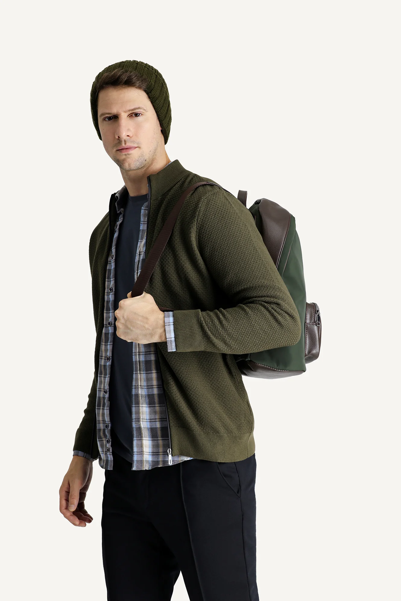 Orta Haki Slim Fit Dar Kesim Desenli Pamuklu Triko Hırka - Image 2