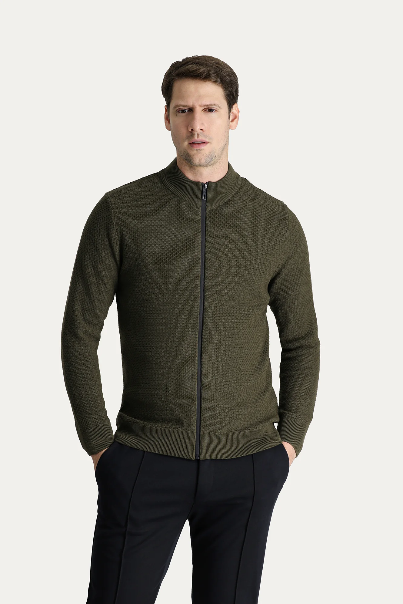 Orta Haki Slim Fit Dar Kesim Desenli Pamuklu Triko Hırka - Image 3