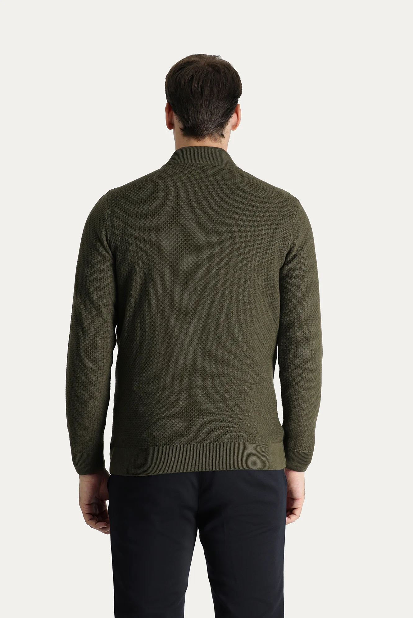 Orta Haki Slim Fit Dar Kesim Desenli Pamuklu Triko Hırka - Image 4