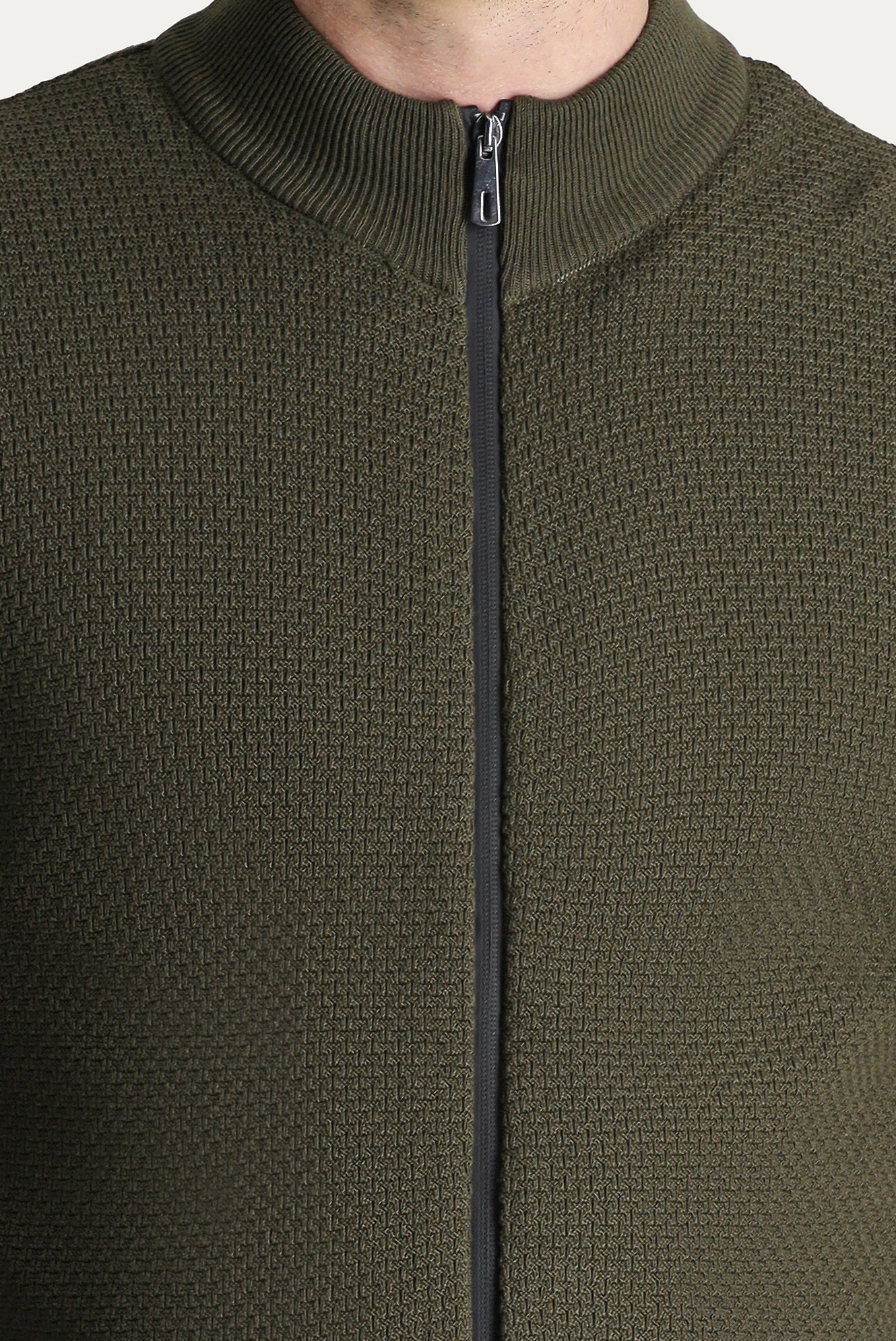 Orta Haki Slim Fit Dar Kesim Desenli Pamuklu Triko Hırka - Image 5