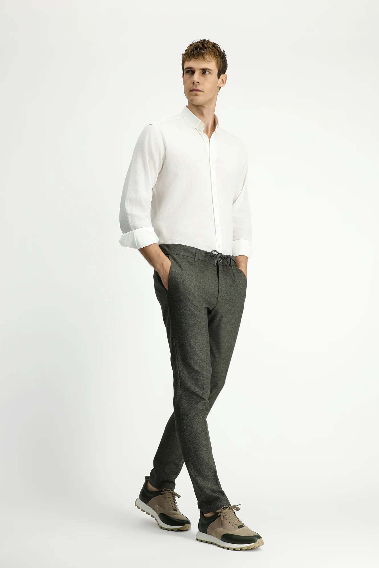 Orta Haki 7 Drop Super Slim Fit Eksra Dar Kesim Beli Lastikli İpli Desenli Likralı Klasik Kumaş Pantolon - Image 2