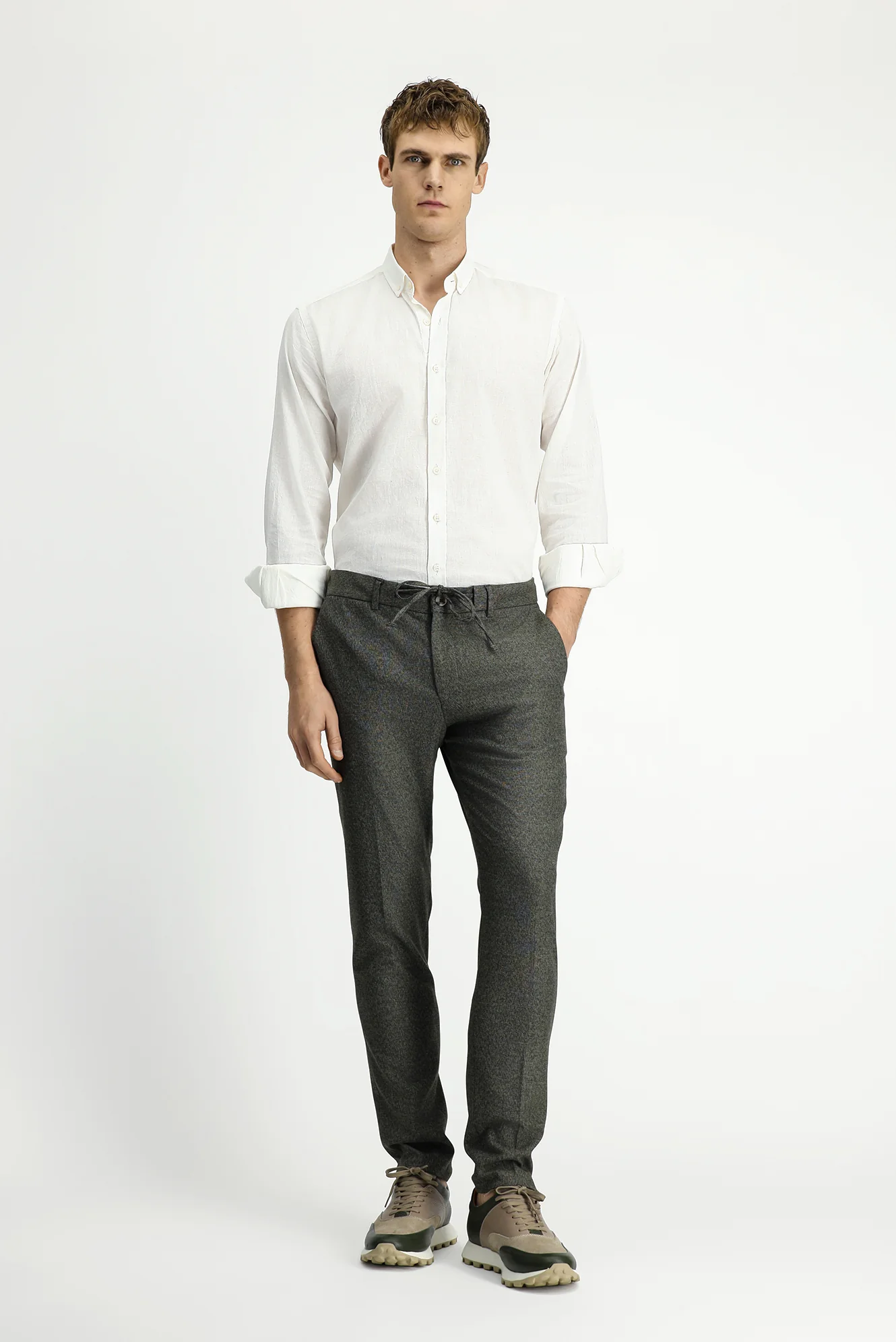 Orta Haki 7 Drop Super Slim Fit Eksra Dar Kesim Beli Lastikli İpli Desenli Likralı Klasik Kumaş Pantolon - Image 3