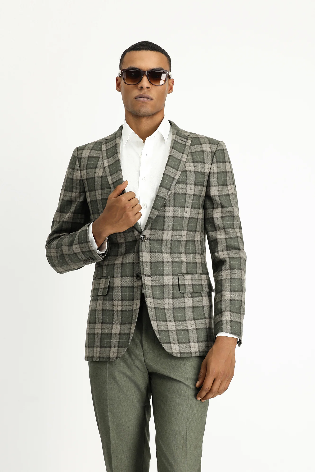 Orta Haki 7 Drop Super Slim Fit Eksra Dar Kesim Ekose Yün Ceket - Image 4