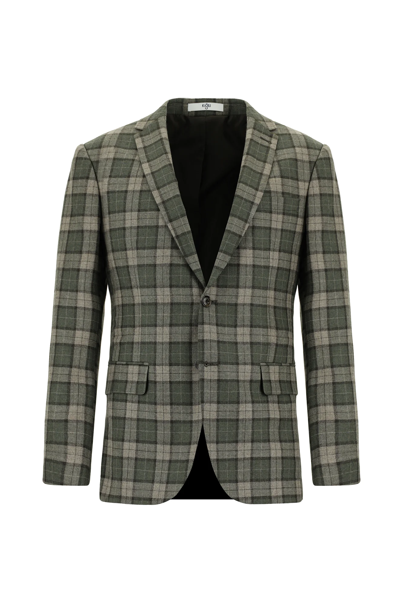 Orta Haki 7 Drop Super Slim Fit Eksra Dar Kesim Ekose Yün Ceket - Image 6