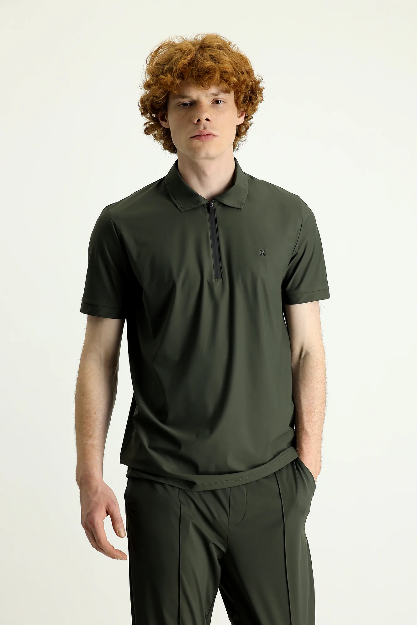 Orta Haki Techno-Line Polo Yaka Slim Fit Dar Kesim Fermuarlı Tişört - Image 2