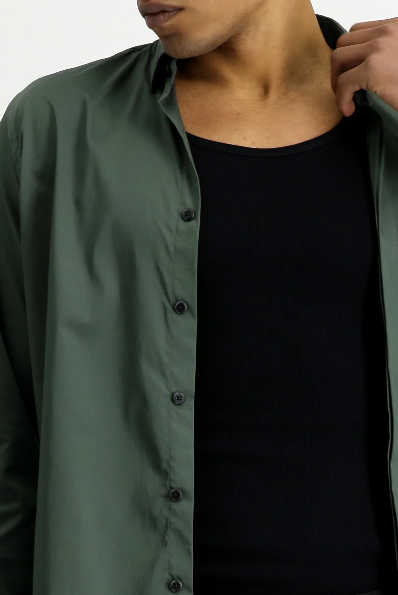 Orta Haki Techno-Line Uzun Kol Slim Fit Dar Kesim Likralı Gömlek - Image 5