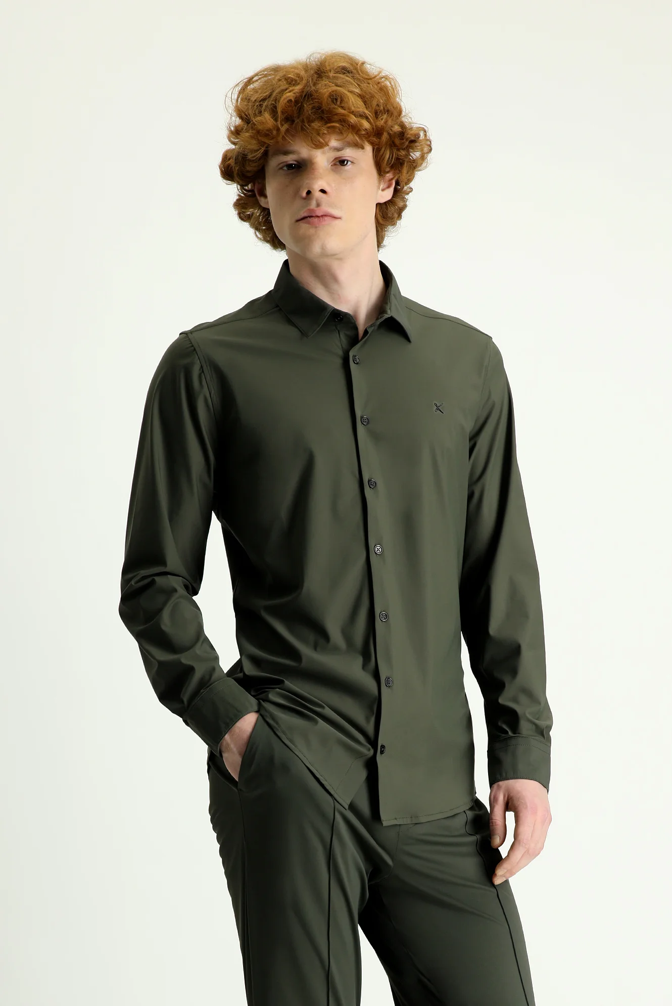 Orta Haki Techno-Line Uzun Kol Slim Fit Dar Kesim Örme Gömlek - Image 2