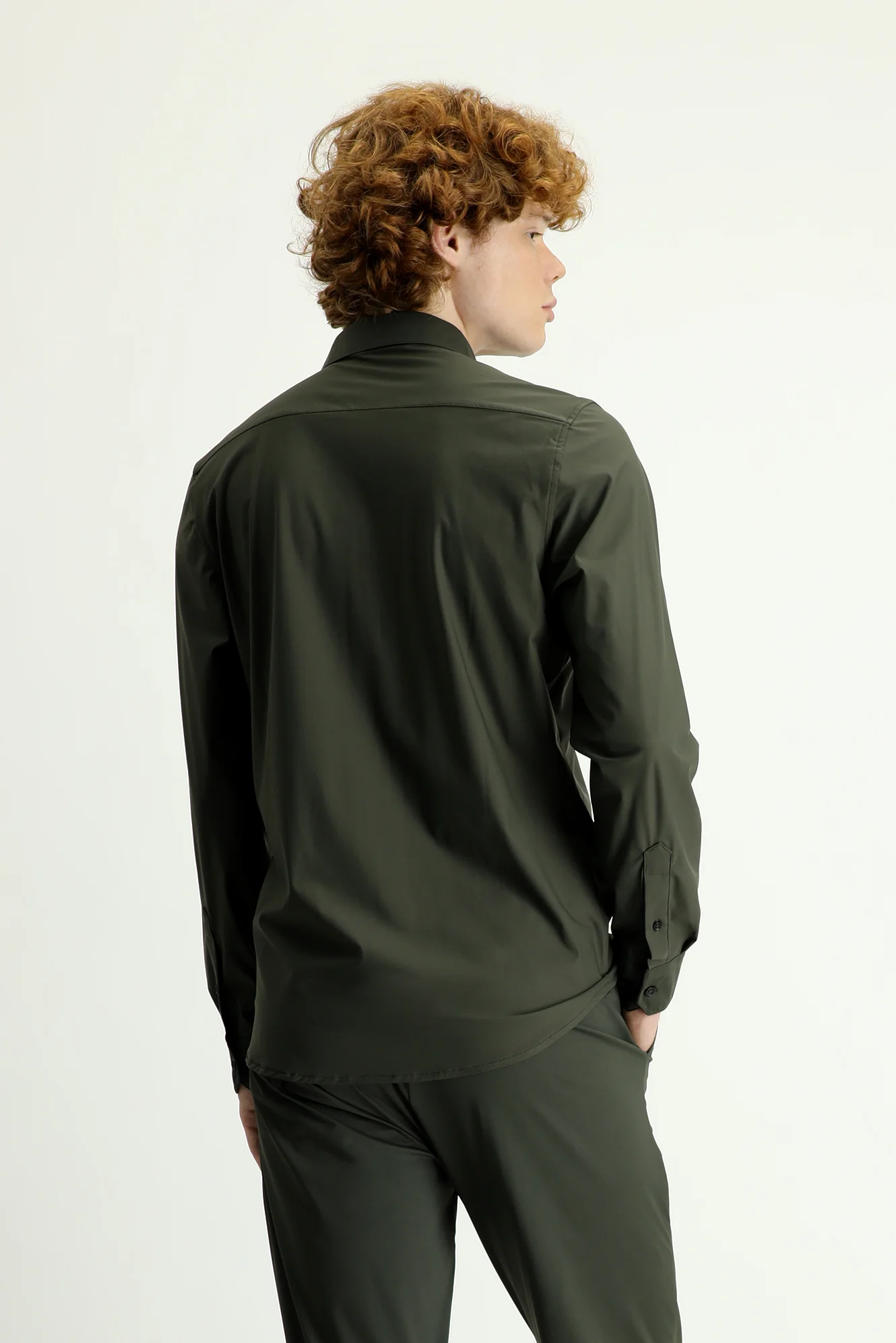 Orta Haki Techno-Line Uzun Kol Slim Fit Dar Kesim Örme Gömlek - Image 3
