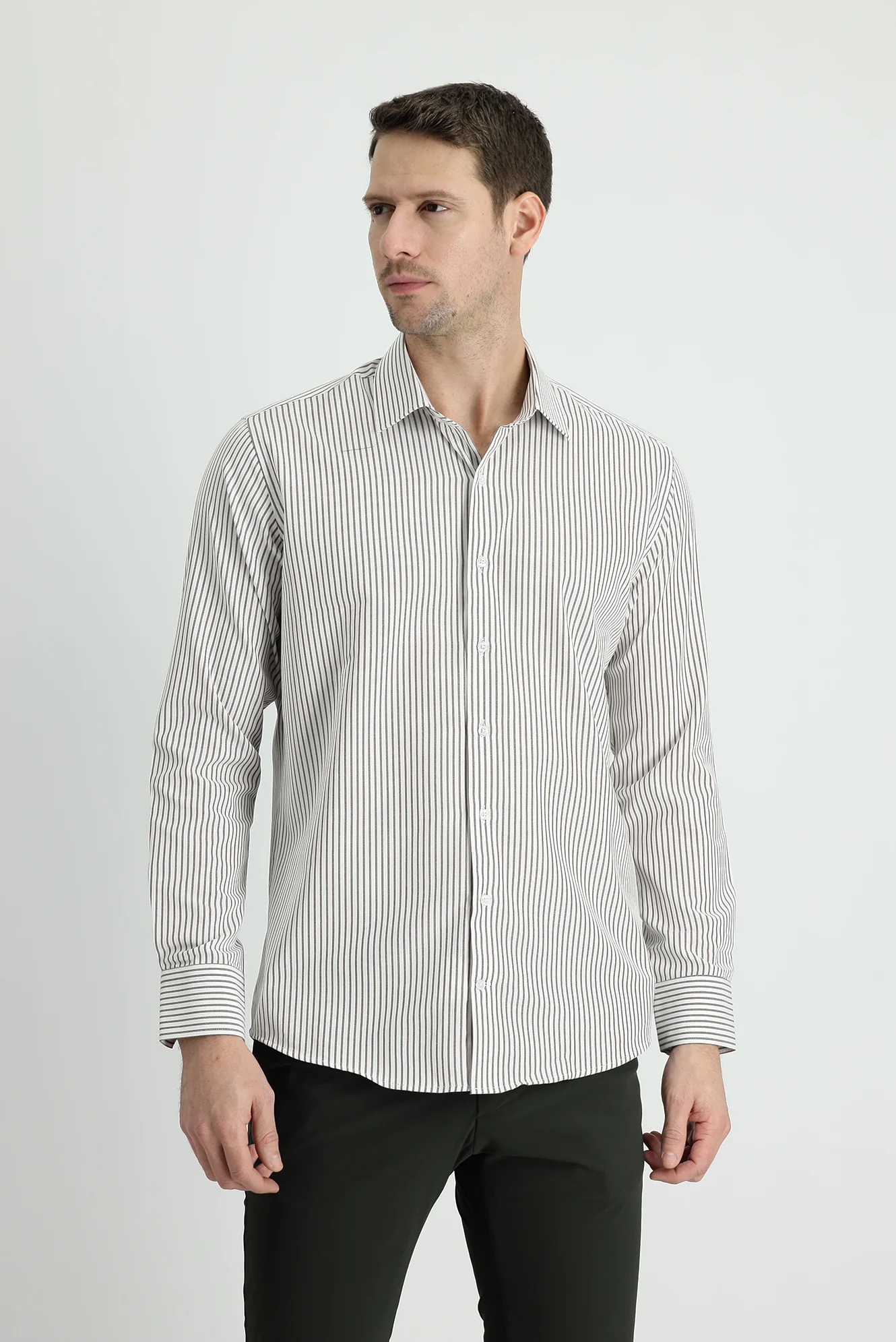 Orta Haki Uzun Kol Slim Fit Dar Kesim Çizgili Pamuklu Gömlek - Image 2