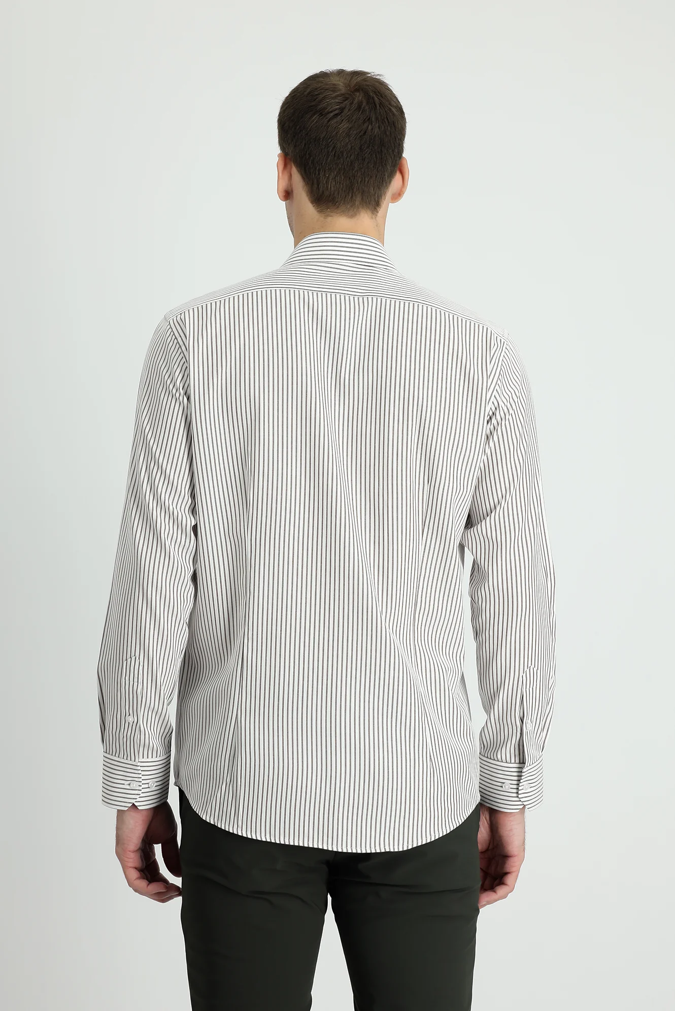 Orta Haki Uzun Kol Slim Fit Dar Kesim Çizgili Pamuklu Gömlek - Image 3